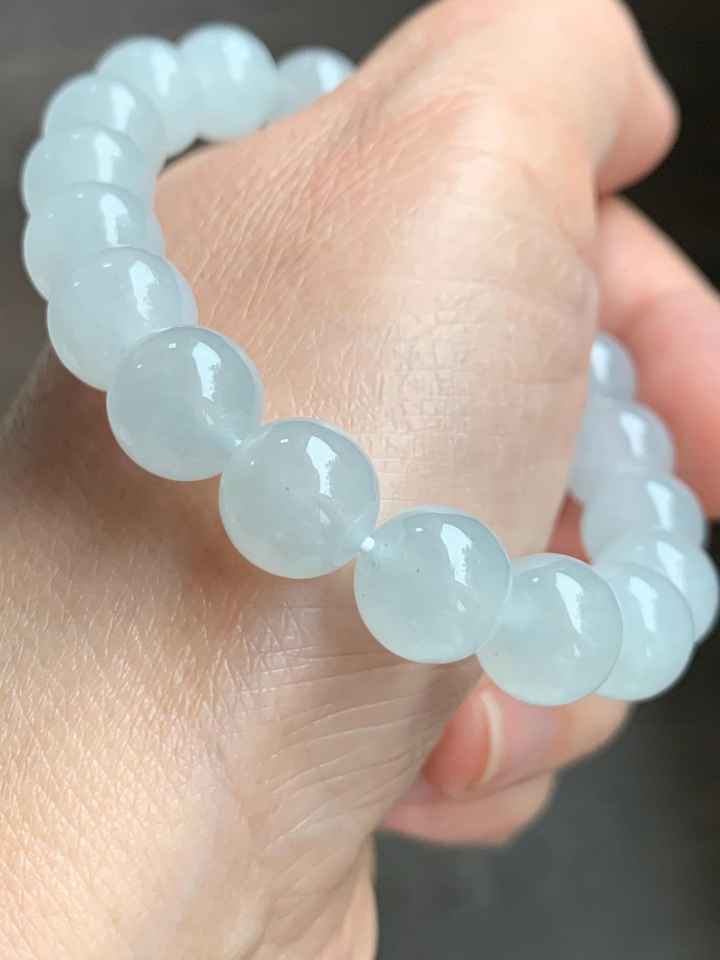 Certified Natural Grade A Icy Highly Translucent Gelatinous White Jade Jadeite Large Beads Beaded Bracelet 10mm 7” 33.5g 天然白冰胶翡翠大卡手串 467