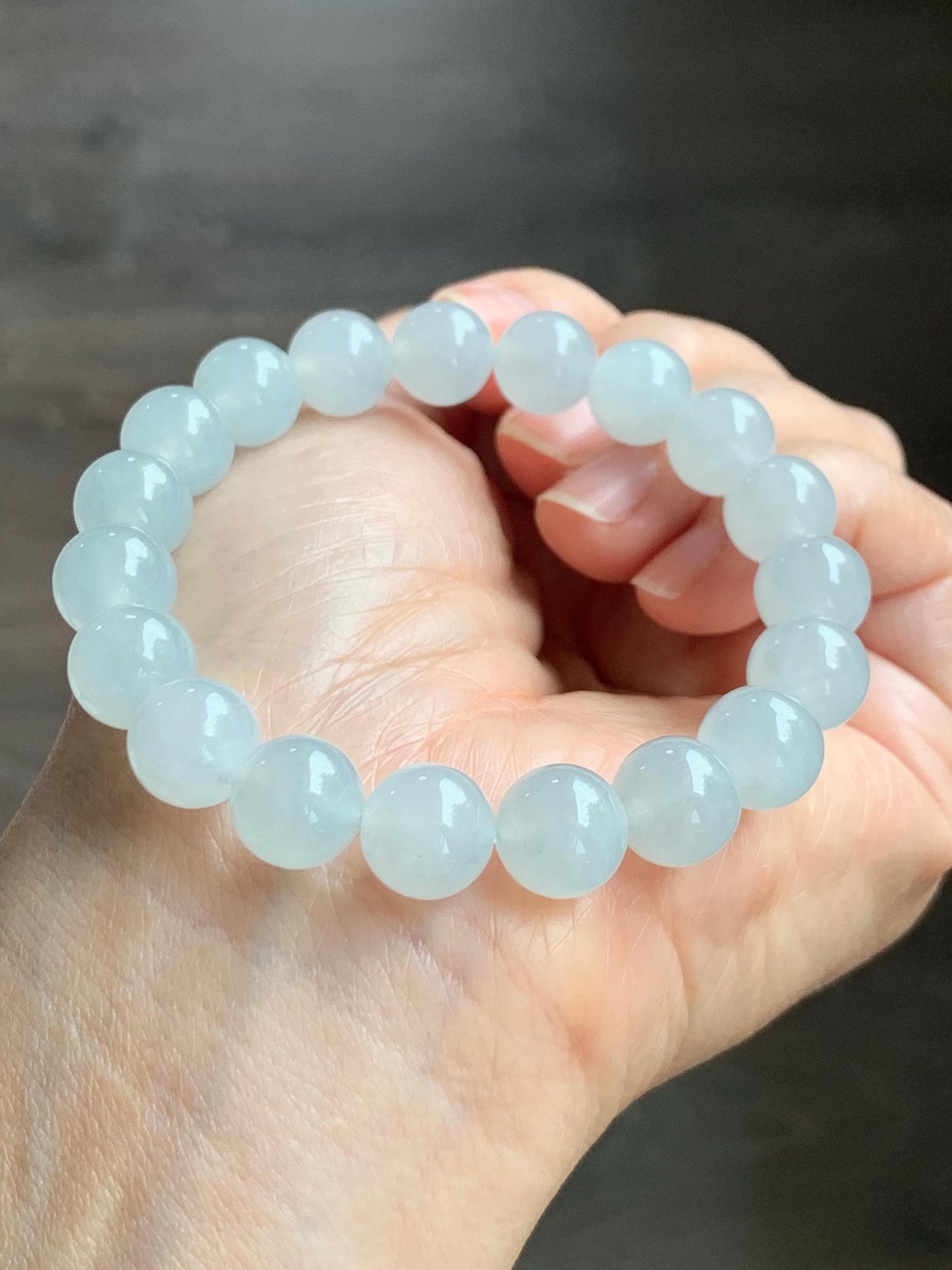 Certified Natural Grade A Icy Highly Translucent Gelatinous White Jade Jadeite Large Beads Beaded Bracelet 10mm 7” 33.5g 天然白冰胶翡翠大卡手串 467