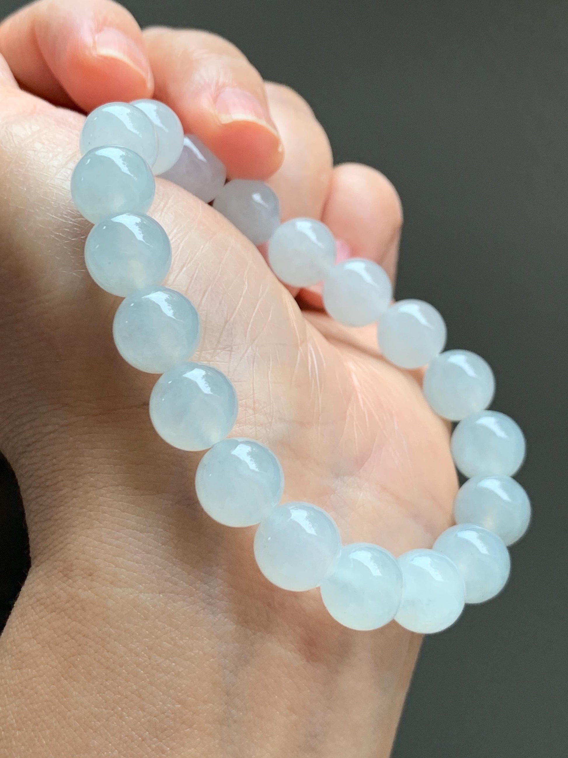 Certified Natural Grade A Icy Highly Translucent Gelatinous White Jade Jadeite Large Beads Beaded Bracelet 10mm 7” 33.5g 天然白冰胶翡翠大卡手串 467