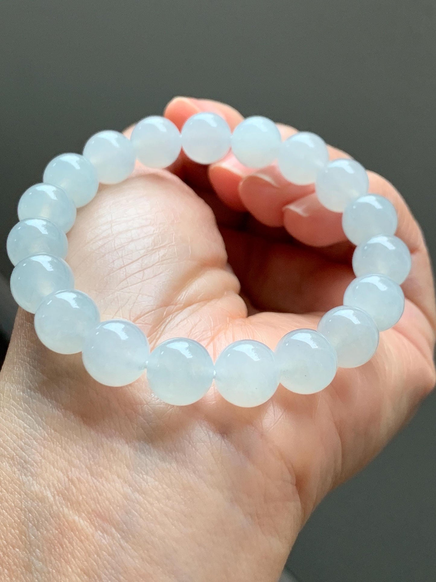 Certified Natural Grade A Icy Highly Translucent Gelatinous White Jade Jadeite Large Beads Beaded Bracelet 10mm 7” 33.5g 天然白冰胶翡翠大卡手串 467