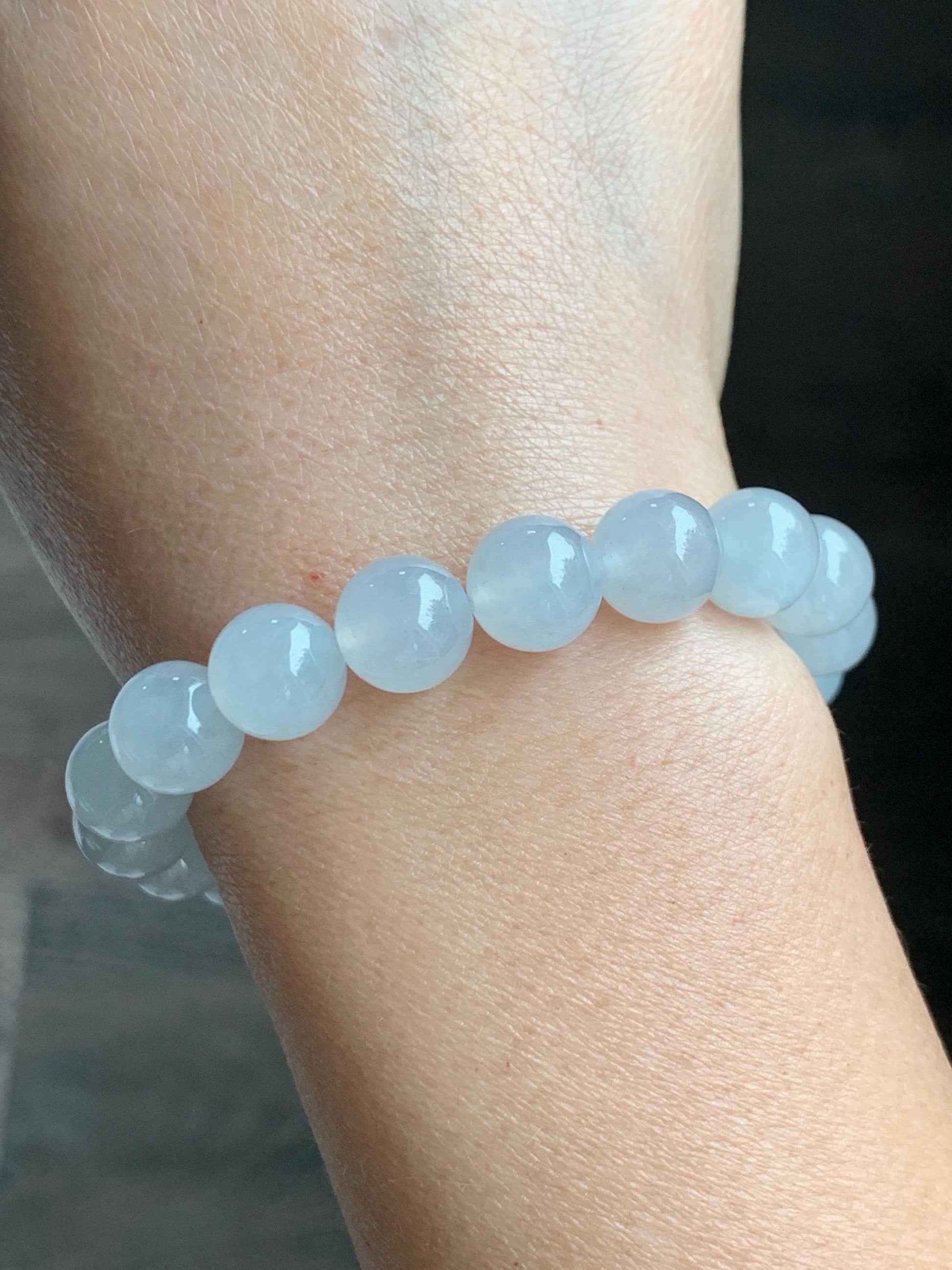 Certified Natural Grade A Icy Highly Translucent Gelatinous White Jade Jadeite Large Beads Beaded Bracelet 10mm 7” 33.5g 天然白冰胶翡翠大卡手串 467