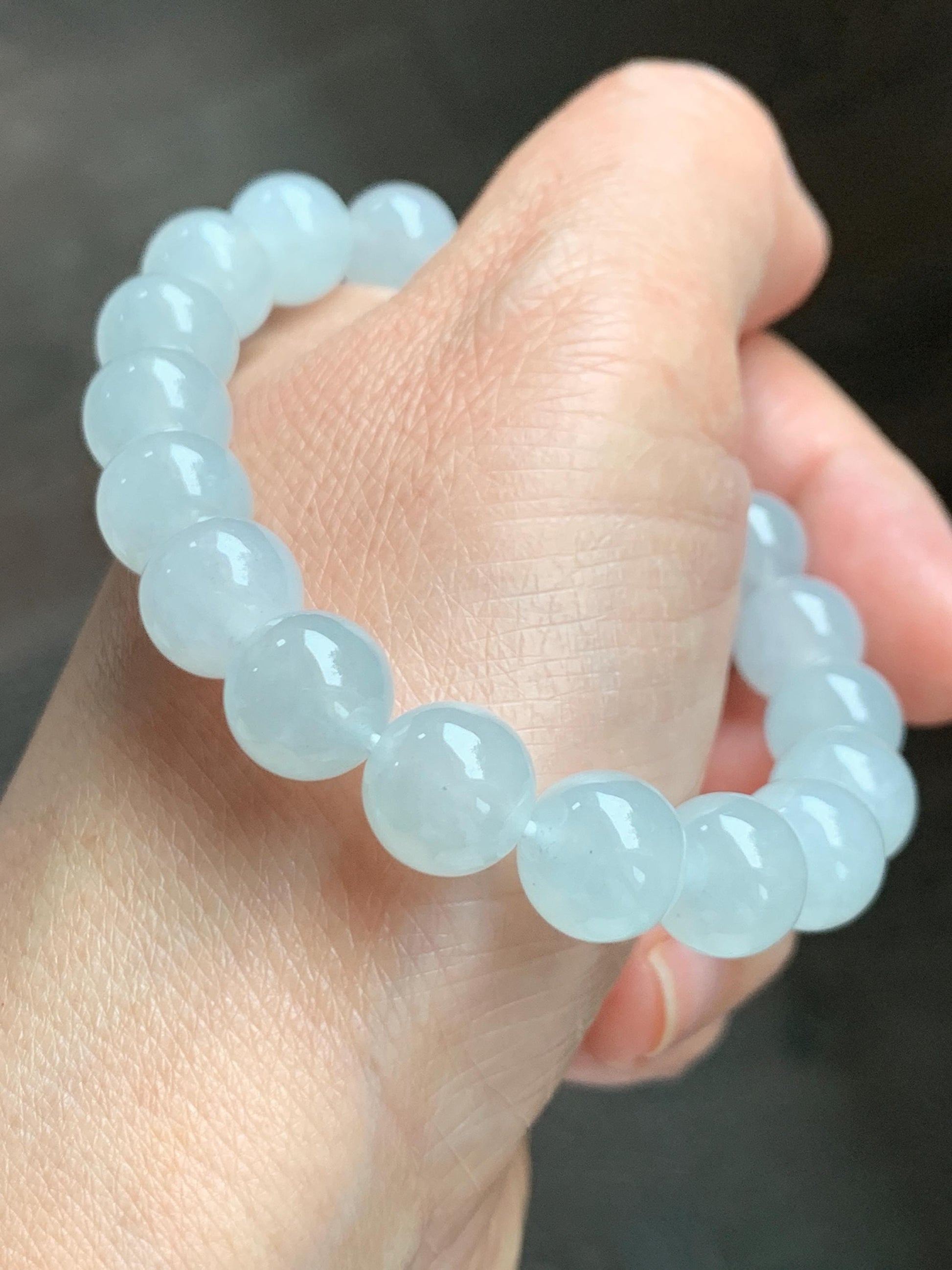 Certified Natural Grade A Icy Highly Translucent Gelatinous White Jade Jadeite Large Beads Beaded Bracelet 10mm 7” 33.5g 天然白冰胶翡翠大卡手串 467