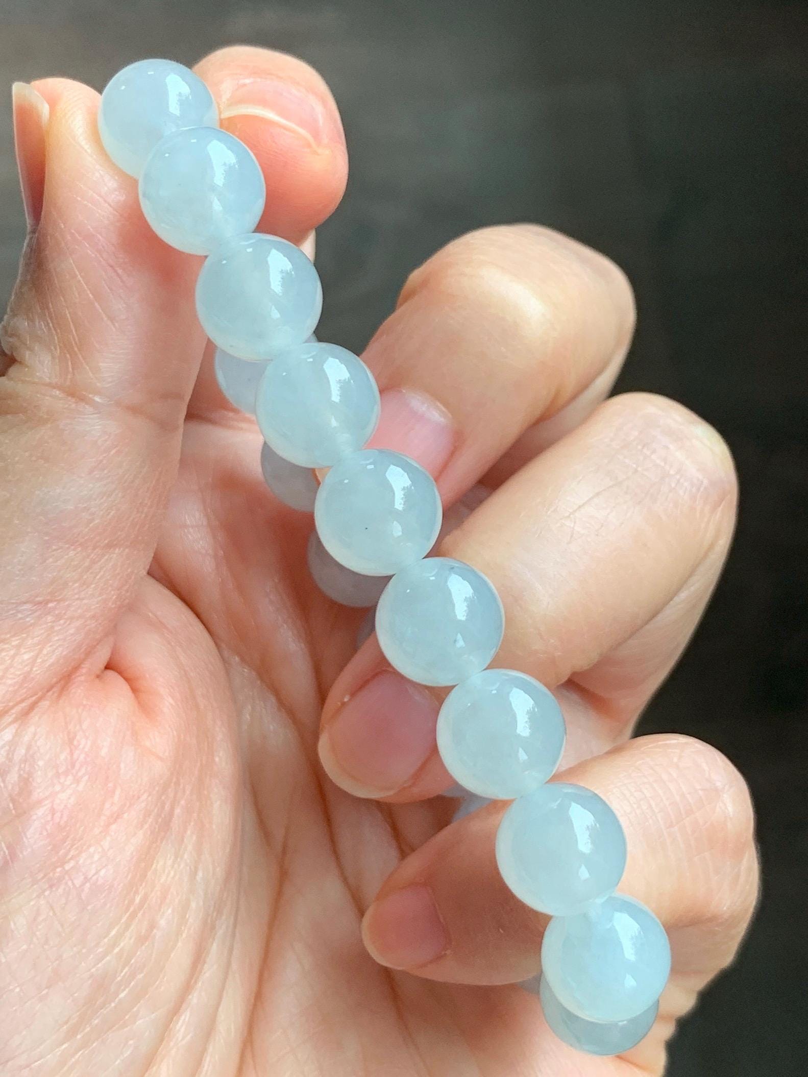 Certified Natural Grade A Icy Highly Translucent Gelatinous White Jade Jadeite Large Beads Beaded Bracelet 10mm 7” 33.2g 天然白冰胶蓝底翡翠大卡手串 460