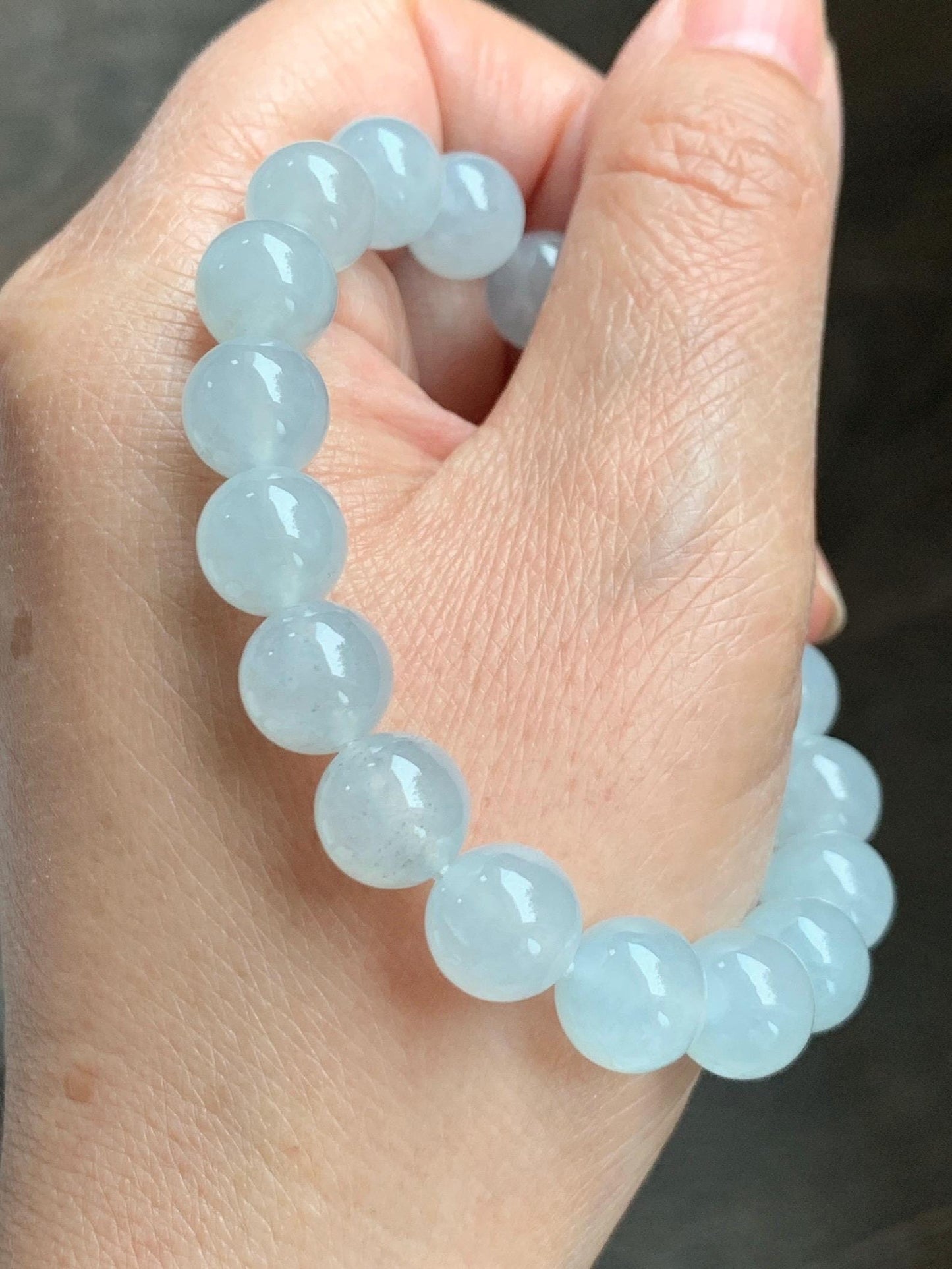 Certified Natural Grade A Icy Highly Translucent Gelatinous White Jade Jadeite Large Beads Beaded Bracelet 10mm 7” 33.2g 天然白冰胶蓝底翡翠大卡手串 460