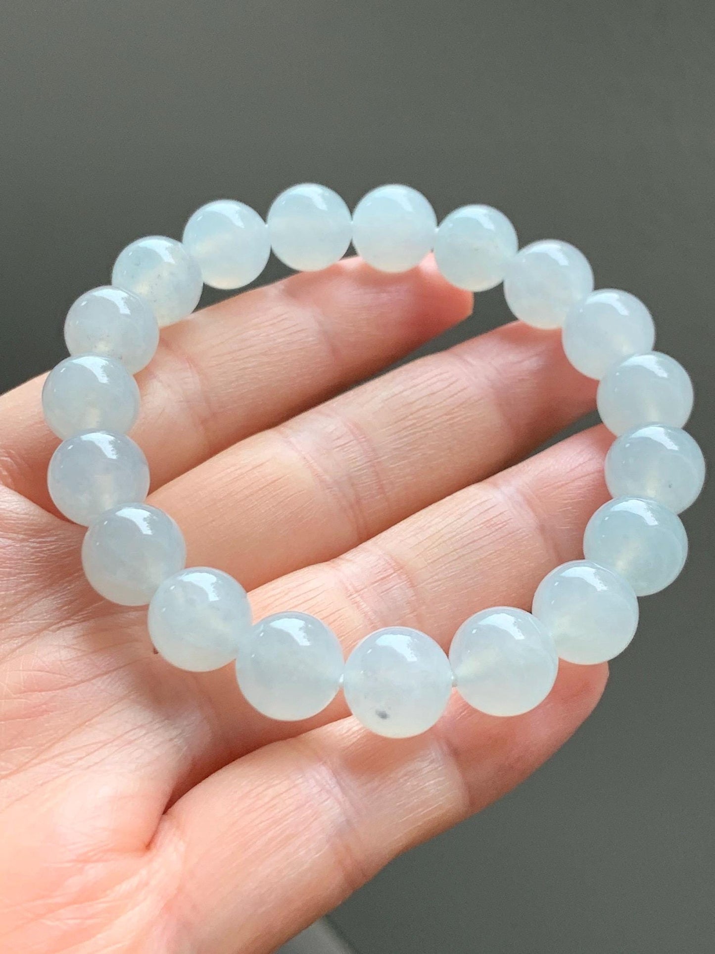 Certified Natural Grade A Icy Highly Translucent Gelatinous White Jade Jadeite Large Beads Beaded Bracelet 10mm 7” 33.2g 天然白冰胶蓝底翡翠大卡手串 460