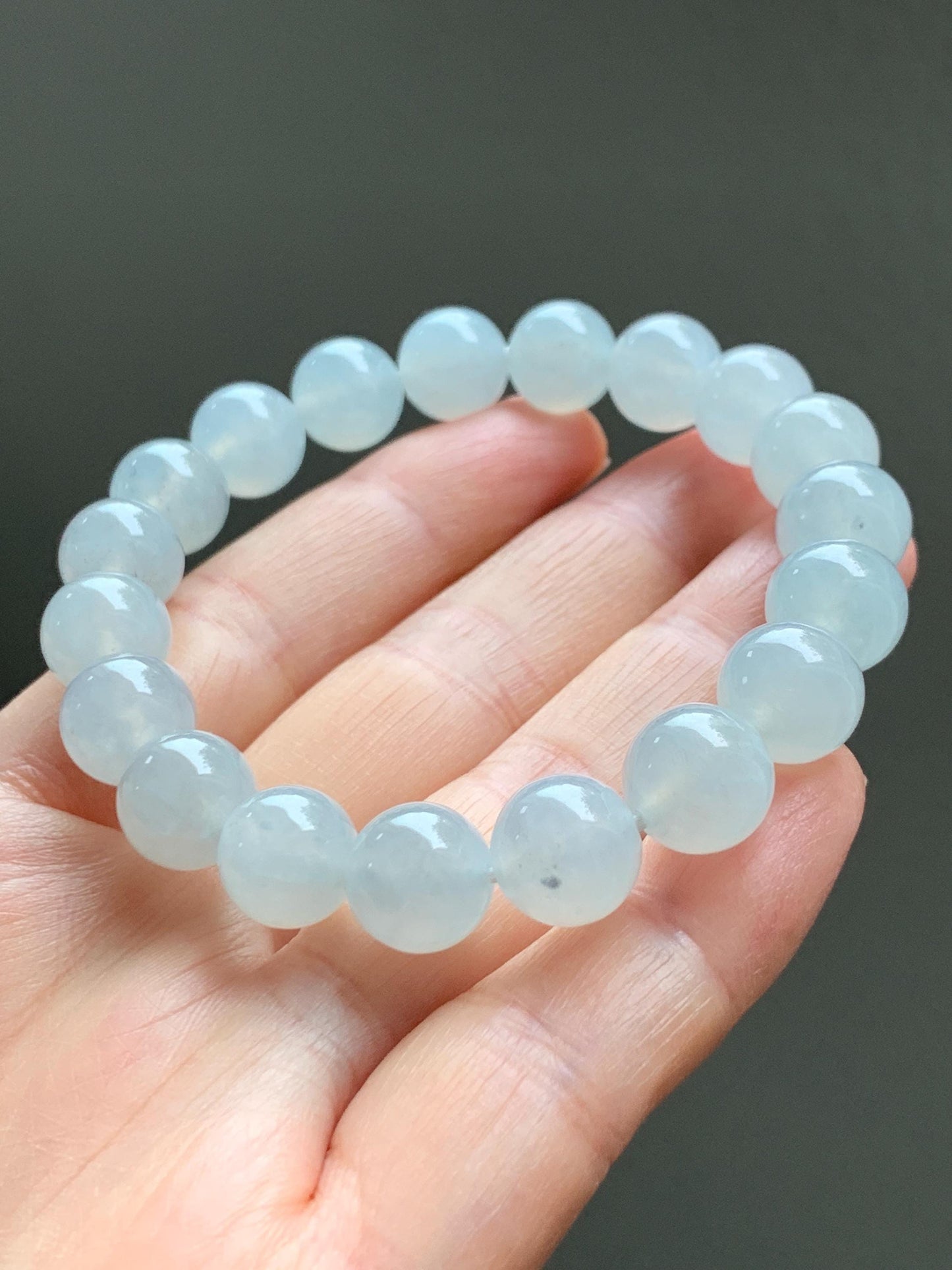 Certified Natural Grade A Icy Highly Translucent Gelatinous White Jade Jadeite Large Beads Beaded Bracelet 10mm 7” 33.2g 天然白冰胶蓝底翡翠大卡手串 460