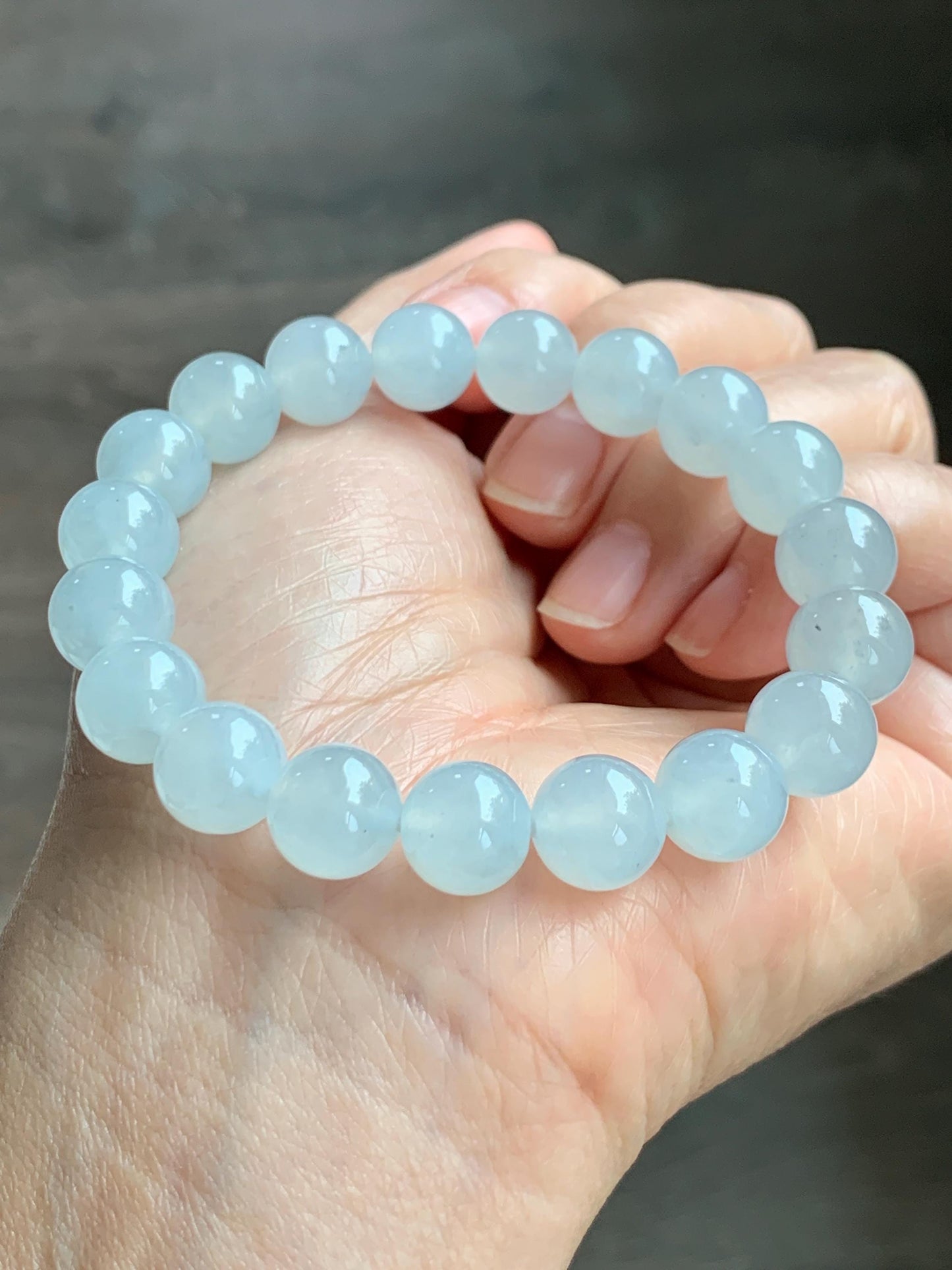 Certified Natural Grade A Icy Highly Translucent Gelatinous White Jade Jadeite Large Beads Beaded Bracelet 10mm 7” 33.2g 天然白冰胶蓝底翡翠大卡手串 460