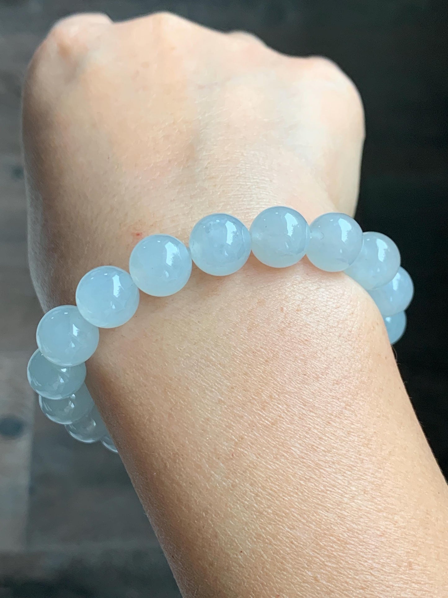 Certified Natural Grade A Icy Highly Translucent Gelatinous White Jade Jadeite Large Beads Beaded Bracelet 10mm 7” 33.2g 天然白冰胶蓝底翡翠大卡手串 460