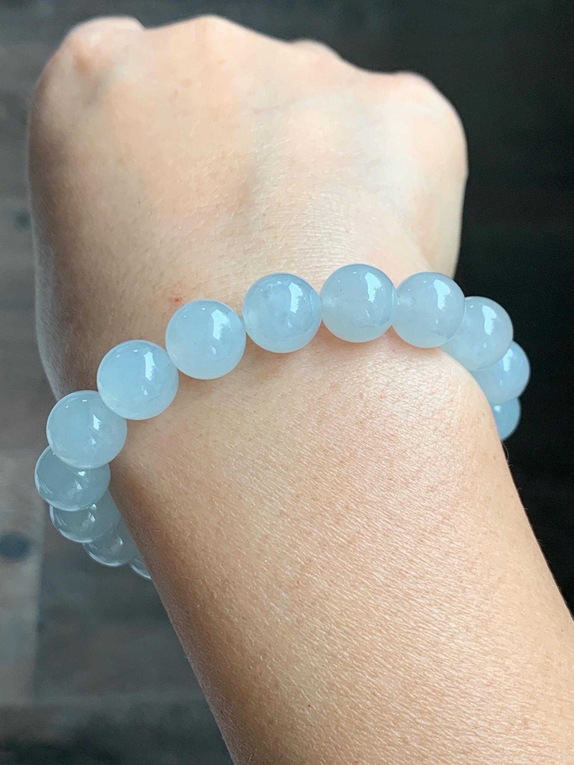 Certified Natural Grade A Icy Highly Translucent Gelatinous White Jade Jadeite Large Beads Beaded Bracelet 10mm 7” 33.2g 天然白冰胶蓝底翡翠大卡手串 460