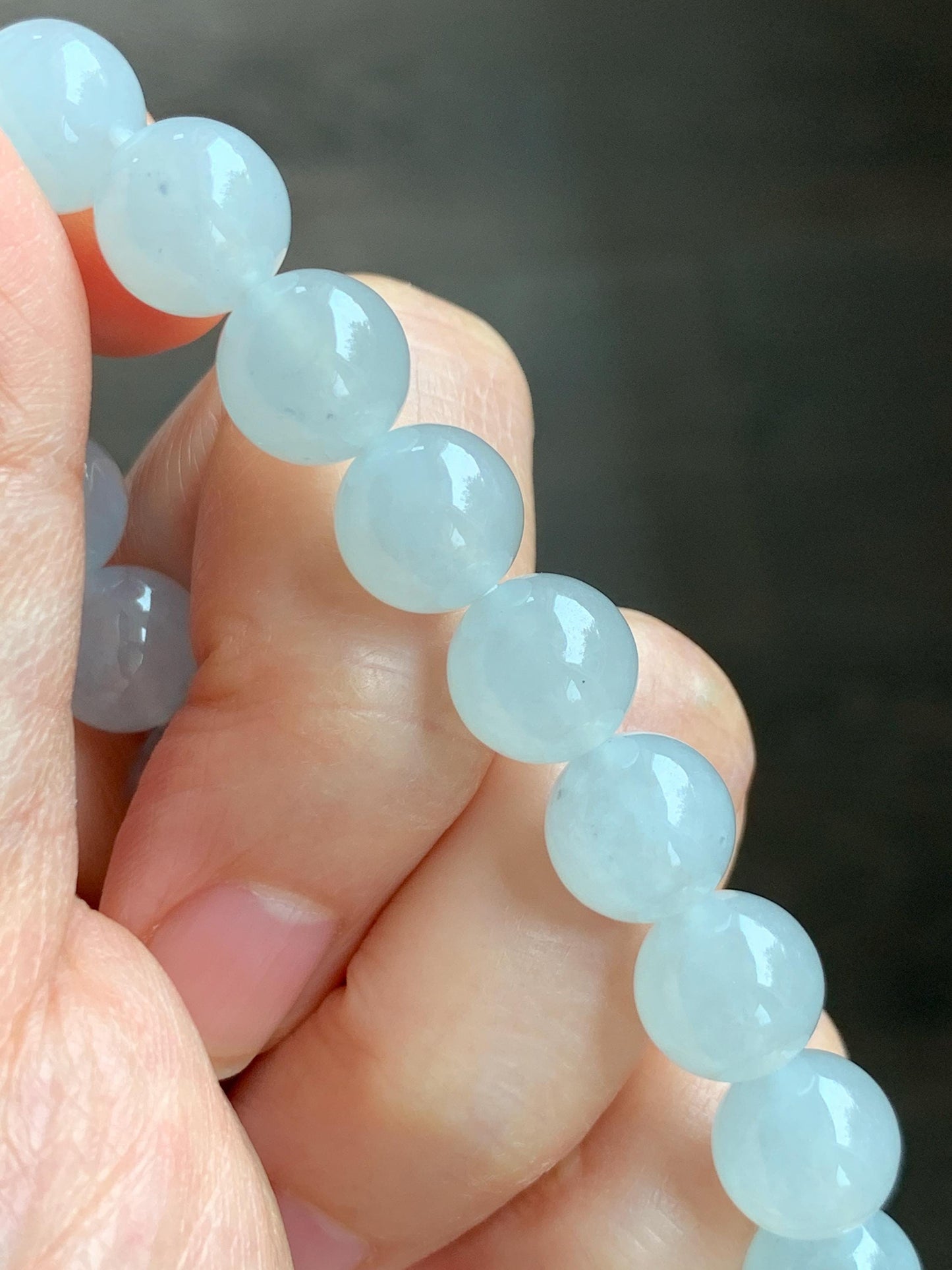Certified Natural Grade A Icy Highly Translucent Gelatinous White Jade Jadeite Large Beads Beaded Bracelet 10mm 7” 33.2g 天然白冰胶蓝底翡翠大卡手串 460