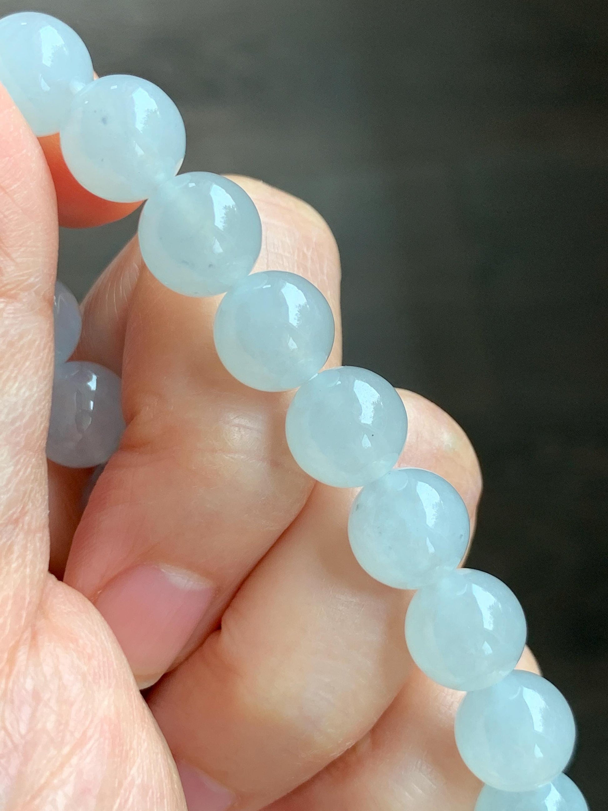 Certified Natural Grade A Icy Highly Translucent Gelatinous White Jade Jadeite Large Beads Beaded Bracelet 10mm 7” 33.2g 天然白冰胶蓝底翡翠大卡手串 460
