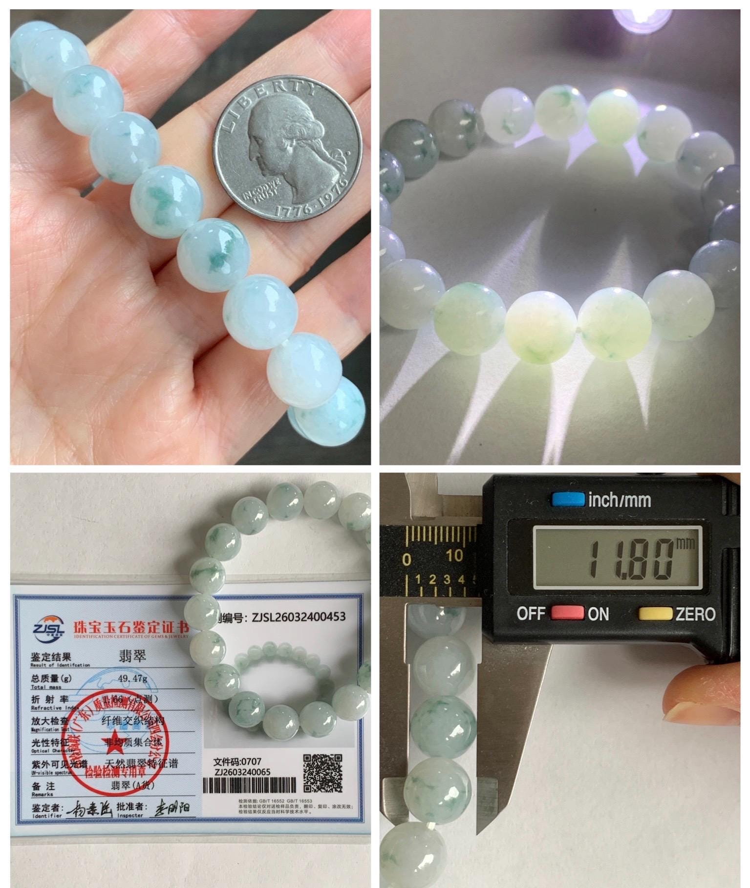 Certified Natural Grade A Icy Highly Translucent Green Marbled Jade Jadeite Large Beads Beaded Bracelet 11.8mm 8” 49g 天然白冰胶飘花翡翠大卡手串 453