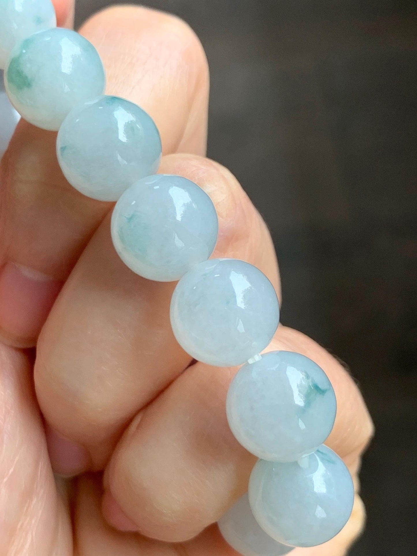 Certified Natural Grade A Icy Highly Translucent Green Marbled Jade Jadeite Large Beads Beaded Bracelet 11.8mm 8” 49g 天然白冰胶飘花翡翠大卡手串 453
