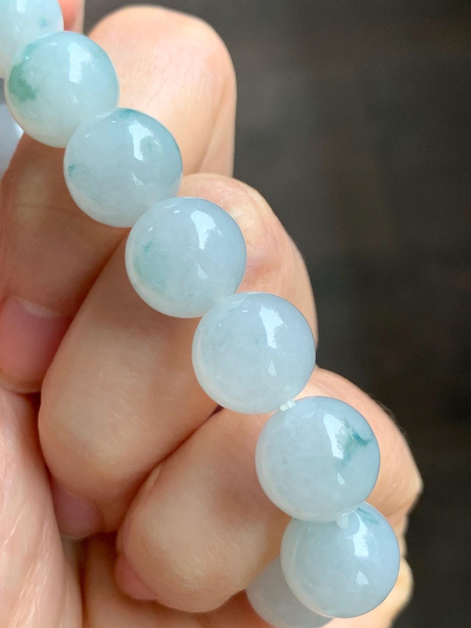 Certified Natural Grade A Icy Highly Translucent Green Marbled Jade Jadeite Large Beads Beaded Bracelet 11.8mm 8” 49g 天然白冰胶飘花翡翠大卡手串 453