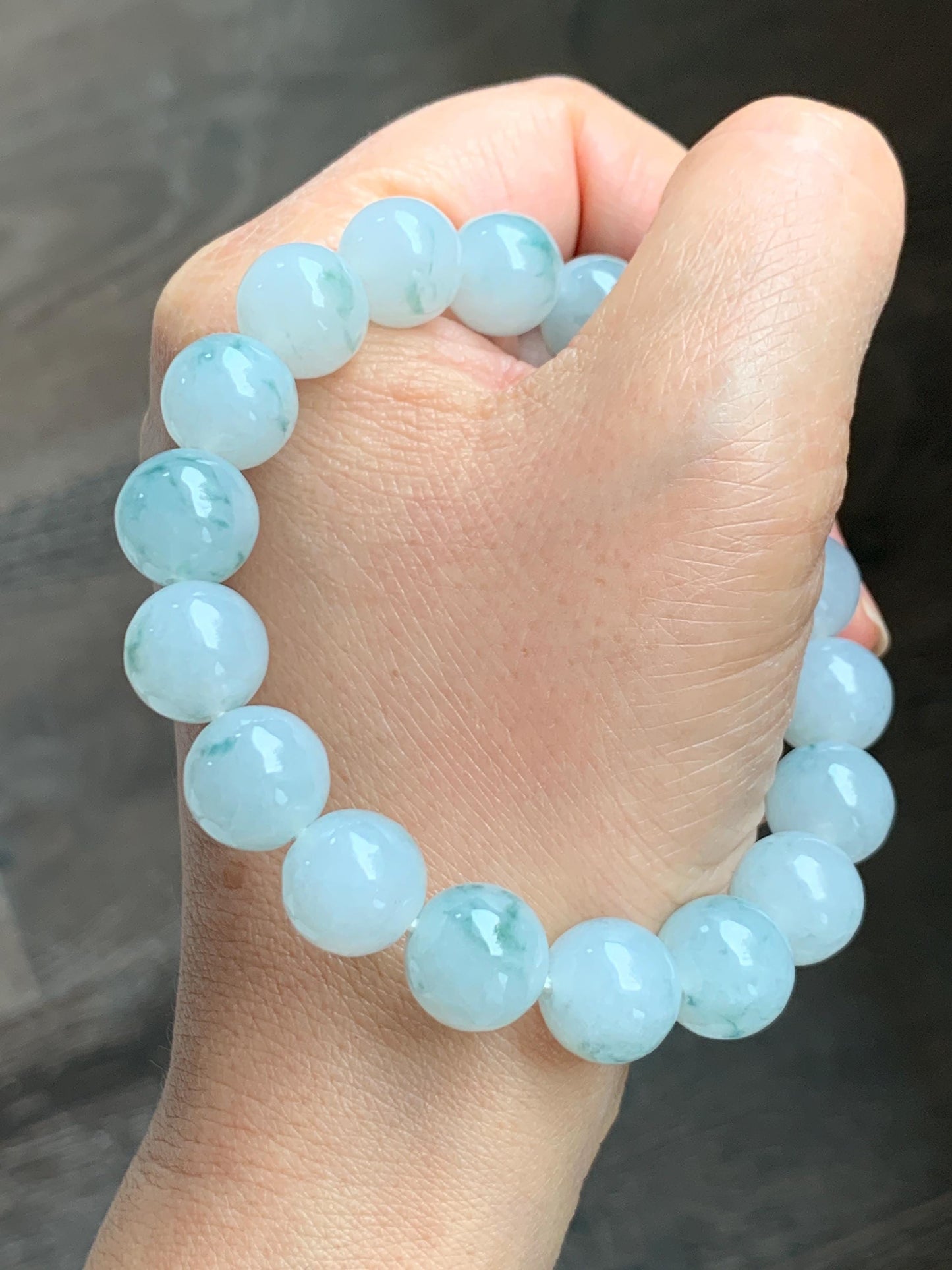 Certified Natural Grade A Icy Highly Translucent Green Marbled Jade Jadeite Large Beads Beaded Bracelet 11.8mm 8” 49g 天然白冰胶飘花翡翠大卡手串 453