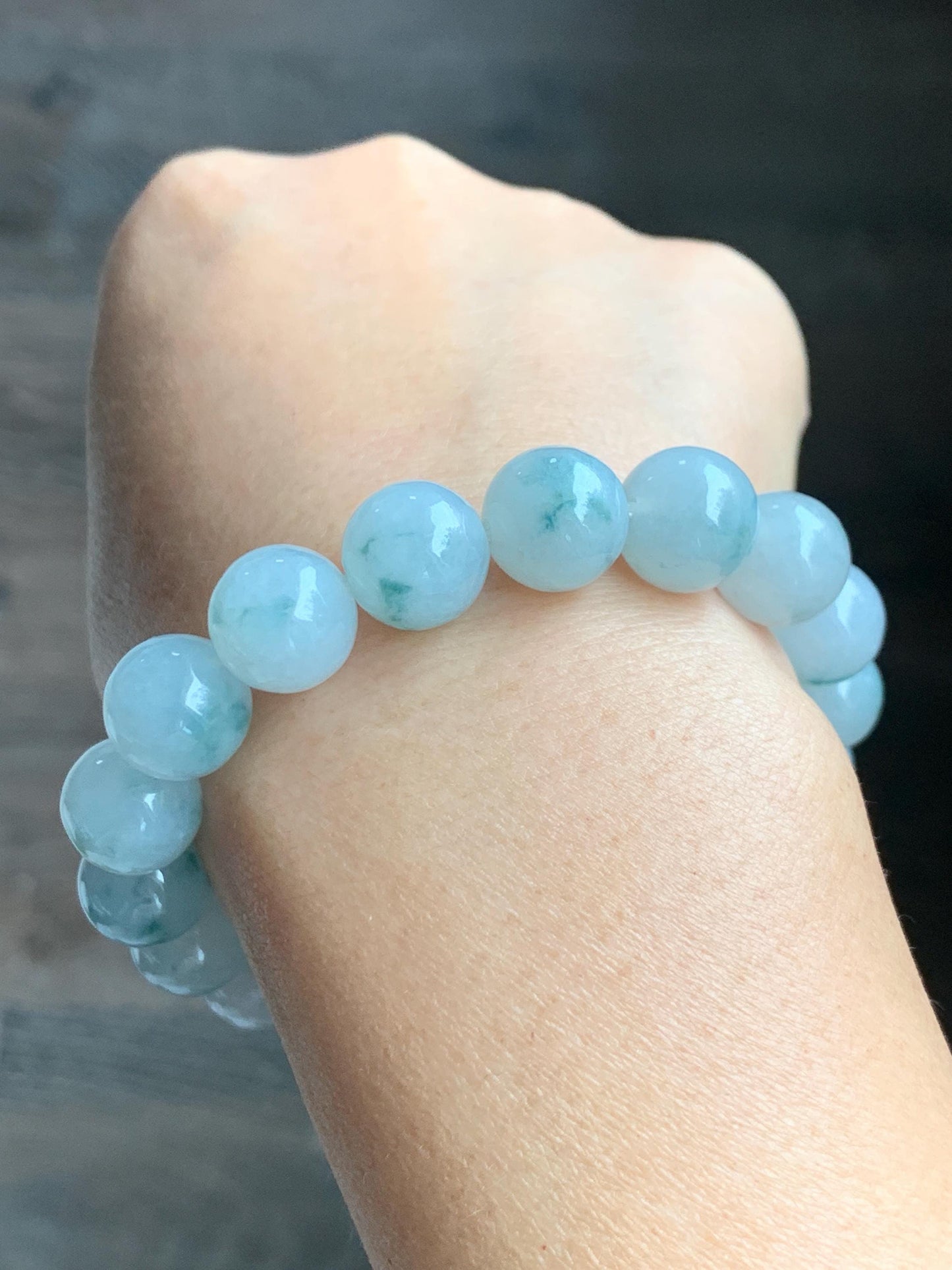Certified Natural Grade A Icy Highly Translucent Green Marbled Jade Jadeite Large Beads Beaded Bracelet 11.8mm 8” 49g 天然白冰胶飘花翡翠大卡手串 453