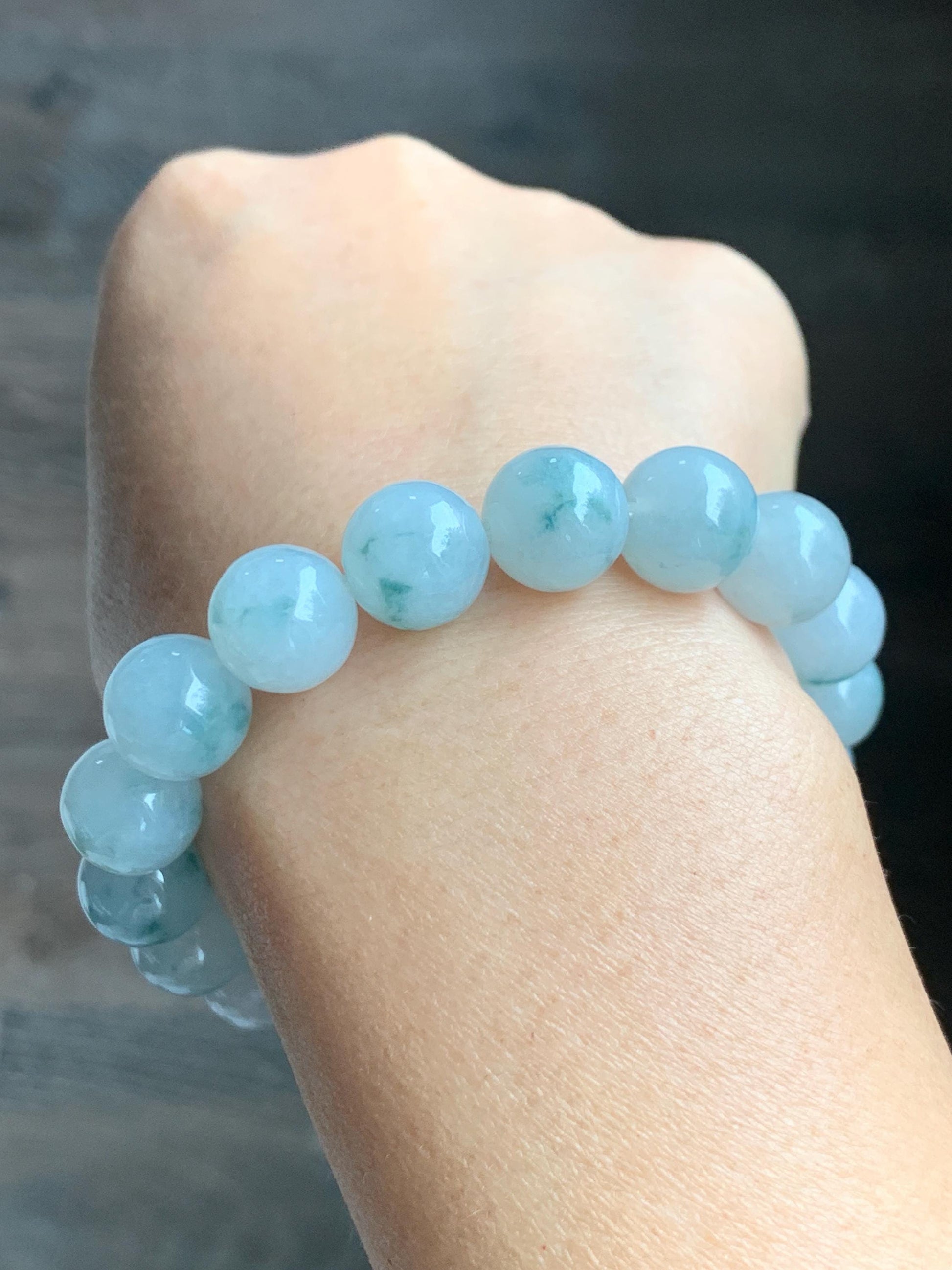 Certified Natural Grade A Icy Highly Translucent Green Marbled Jade Jadeite Large Beads Beaded Bracelet 11.8mm 8” 49g 天然白冰胶飘花翡翠大卡手串 453