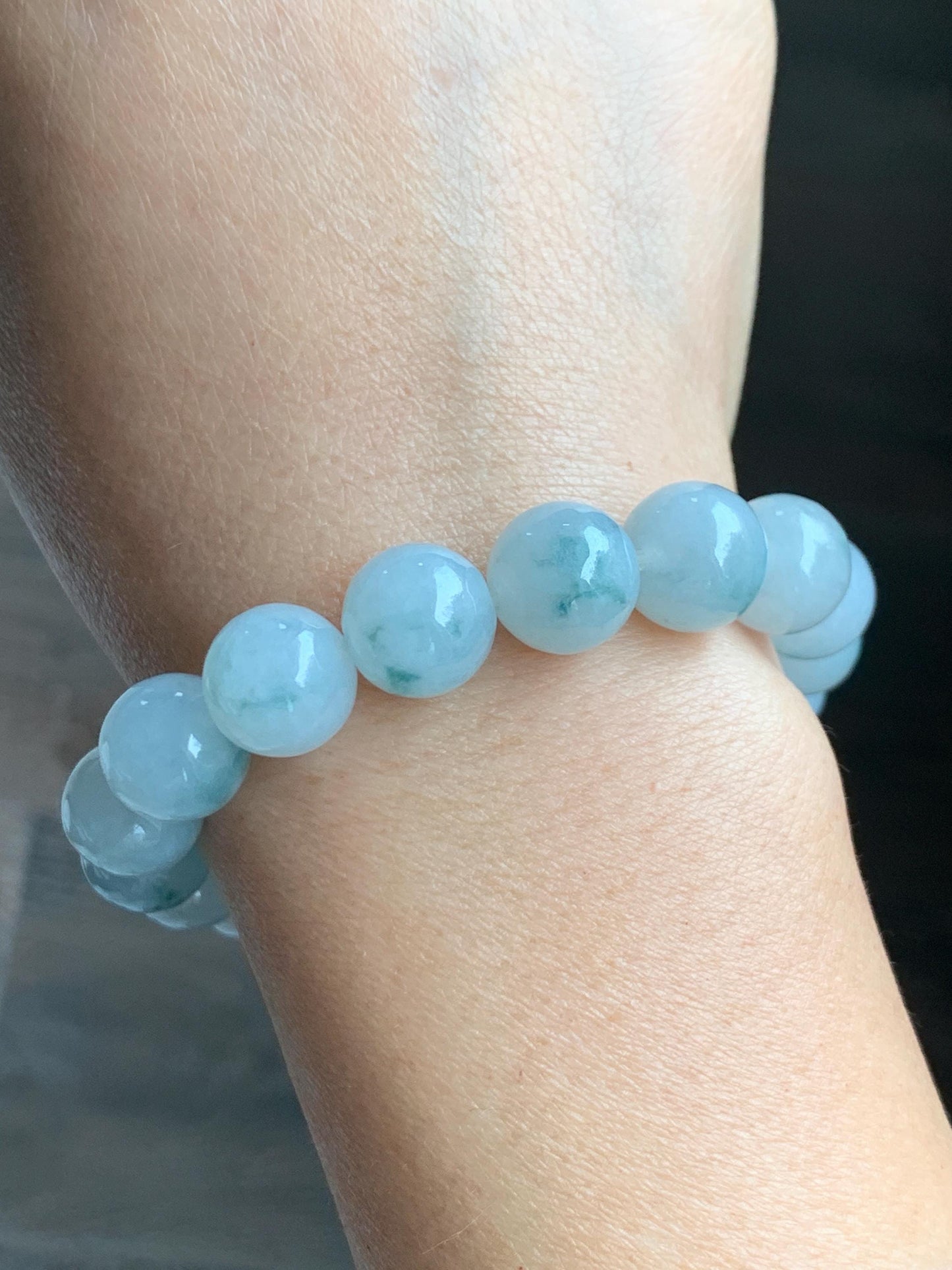 Certified Natural Grade A Icy Highly Translucent Green Marbled Jade Jadeite Large Beads Beaded Bracelet 11.8mm 8” 49g 天然白冰胶飘花翡翠大卡手串 453
