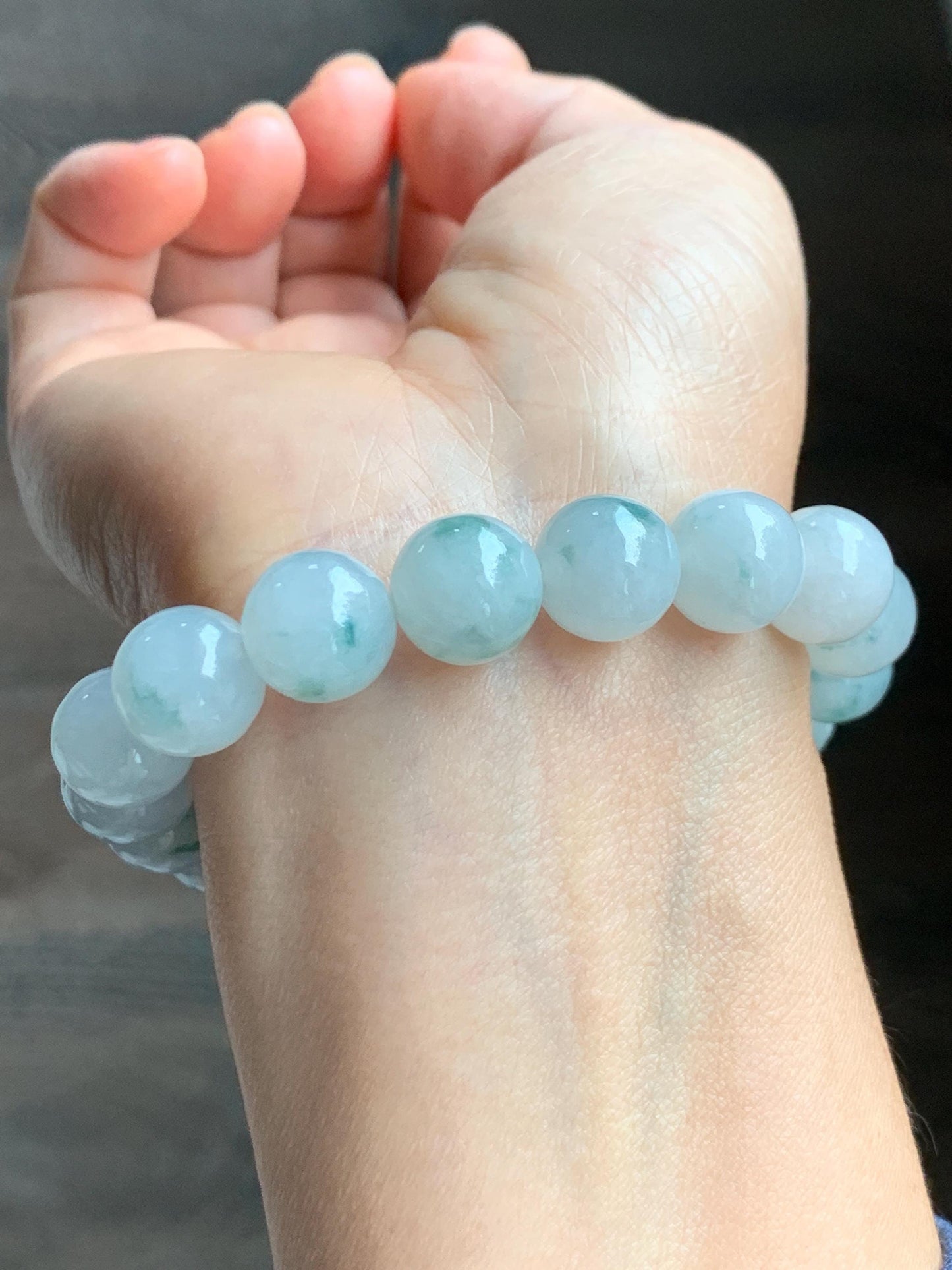 Certified Natural Grade A Icy Highly Translucent Green Marbled Jade Jadeite Large Beads Beaded Bracelet 11.8mm 8” 49g 天然白冰胶飘花翡翠大卡手串 453