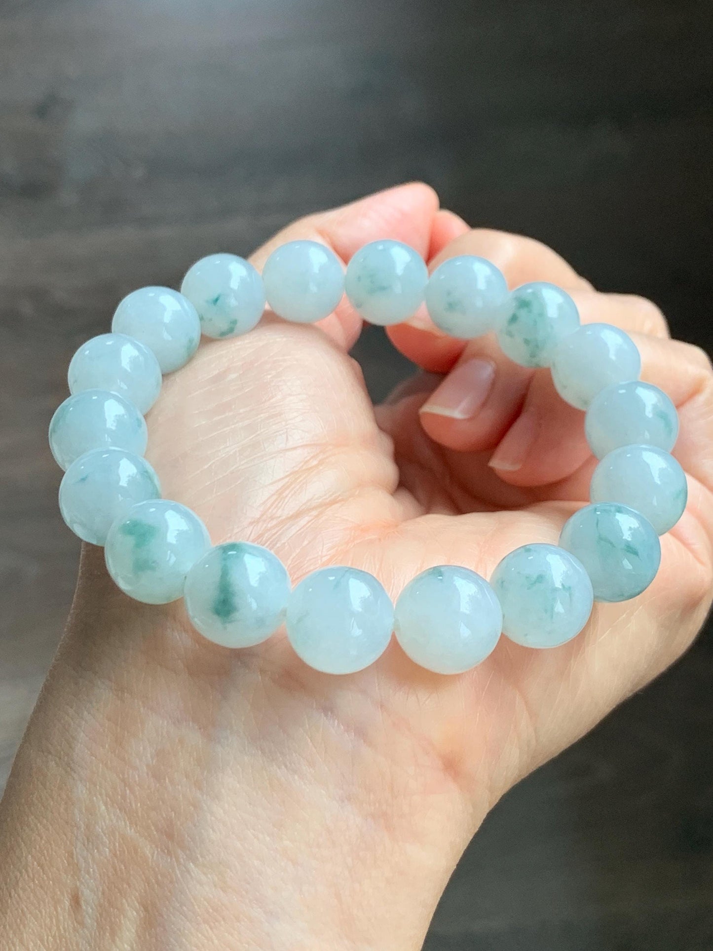 Certified Natural Grade A Icy Highly Translucent Green Marbled Jade Jadeite Large Beads Beaded Bracelet 11.8mm 8” 49g 天然白冰胶飘花翡翠大卡手串 453