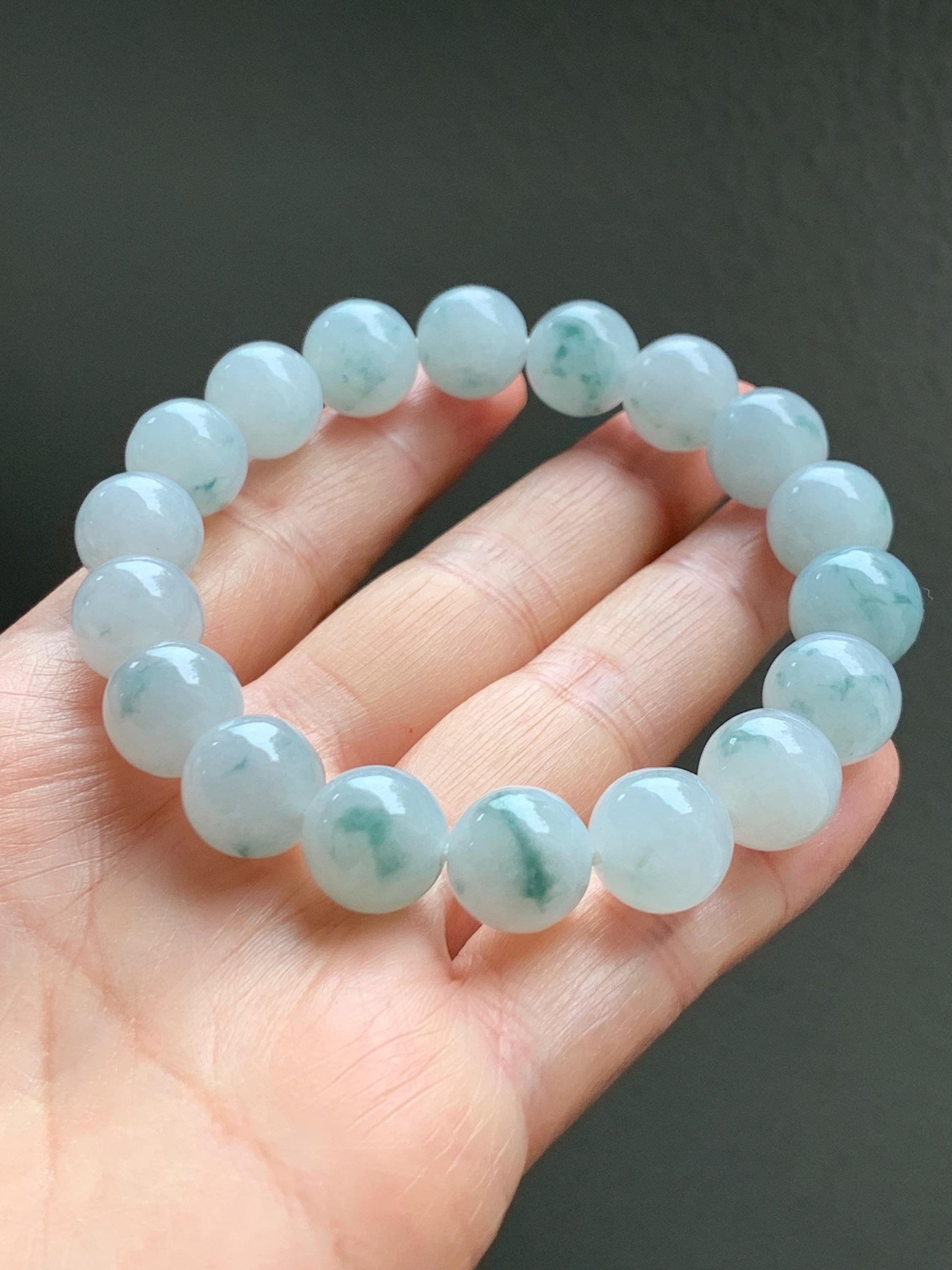 Certified Natural Grade A Icy Highly Translucent Green Marbled Jade Jadeite Large Beads Beaded Bracelet 11.8mm 8” 49g 天然白冰胶飘花翡翠大卡手串 453