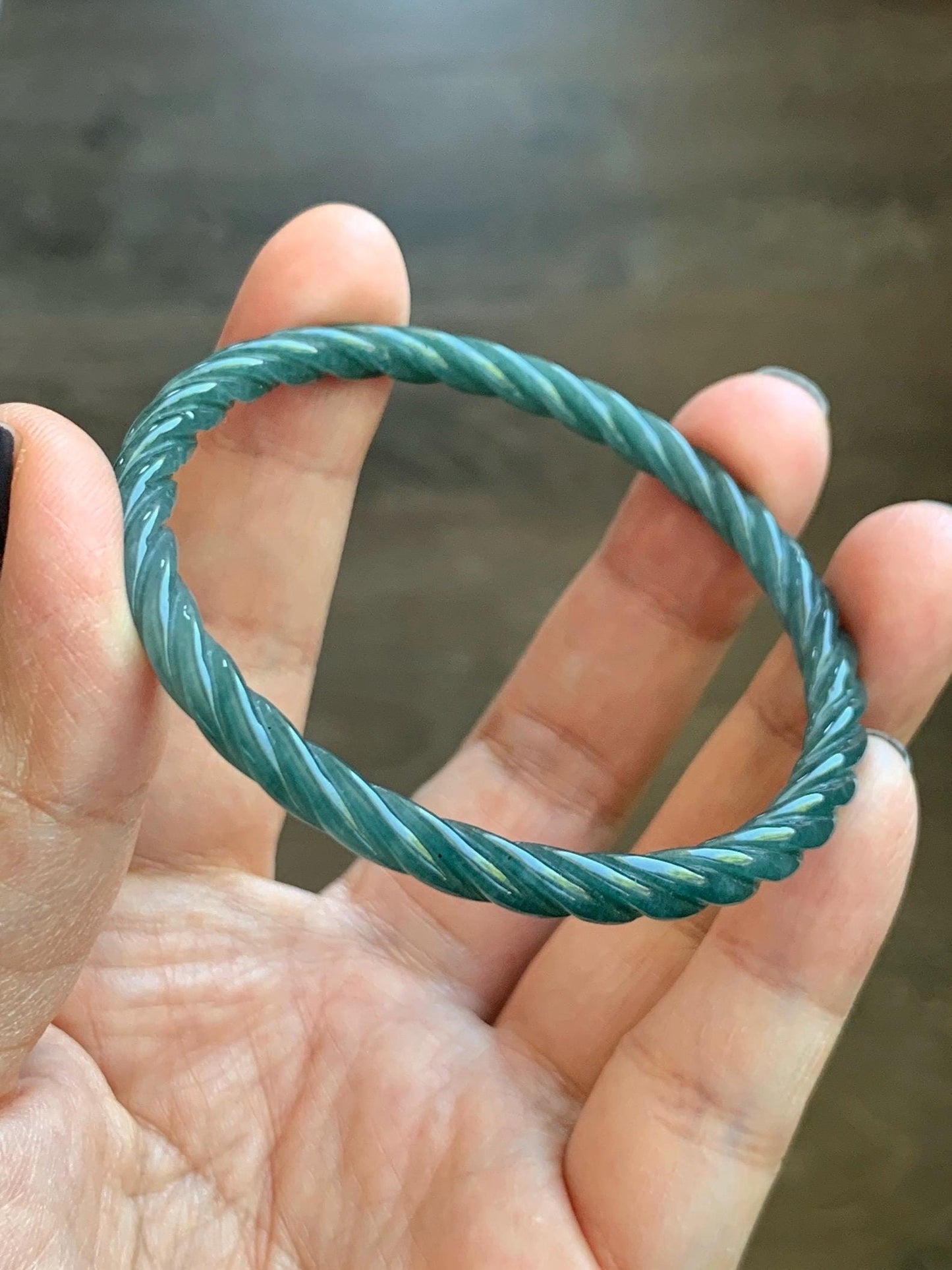 Certified Natural Grade A Guatemalan Icy Translucent Dark Teal Blue Jade Jadeite Carved Braid Bangle 54.9mm 6.78” 天然冰危深蓝绿翡翠细麻花手镯 477