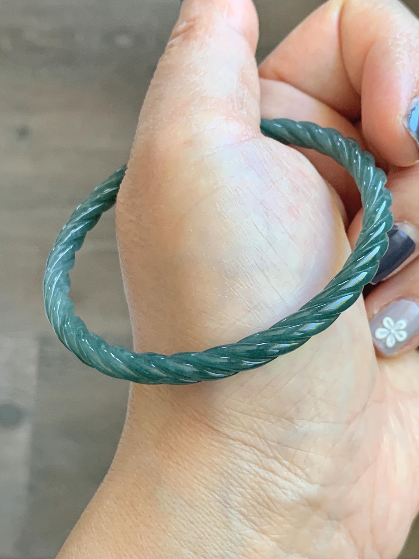 Certified Natural Grade A Guatemalan Icy Translucent Dark Teal Blue Jade Jadeite Carved Braid Bangle 54.9mm 6.78” 天然冰危深蓝绿翡翠细麻花手镯 477