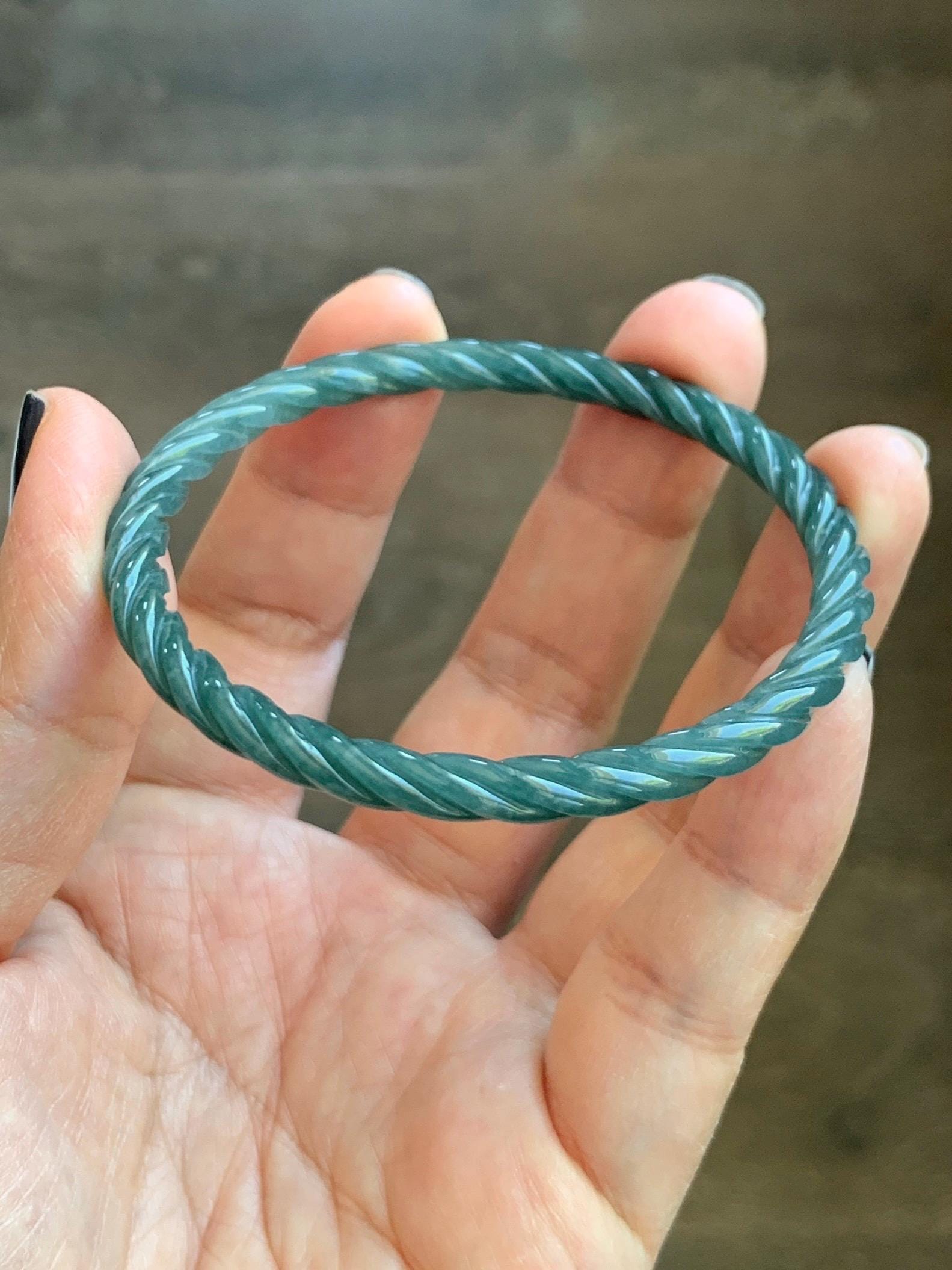 Certified Natural Grade A Guatemalan Icy Translucent Dark Teal Blue Jade Jadeite Carved Braid Bangle 54.9mm 6.78” 天然冰危深蓝绿翡翠细麻花手镯 477