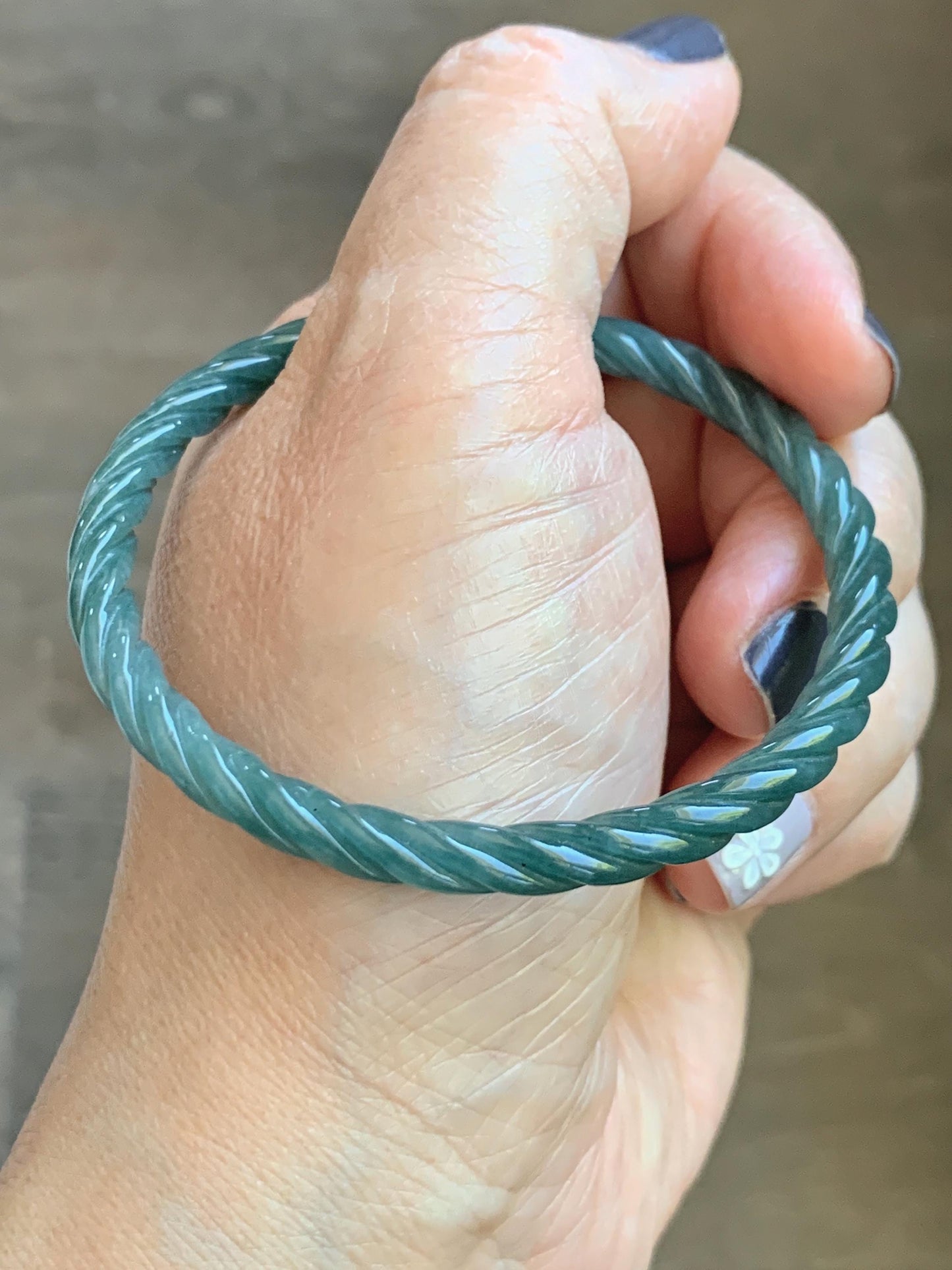 Certified Natural Grade A Guatemalan Icy Translucent Dark Teal Blue Jade Jadeite Carved Braid Bangle 54.9mm 6.78” 天然冰危深蓝绿翡翠细麻花手镯 477