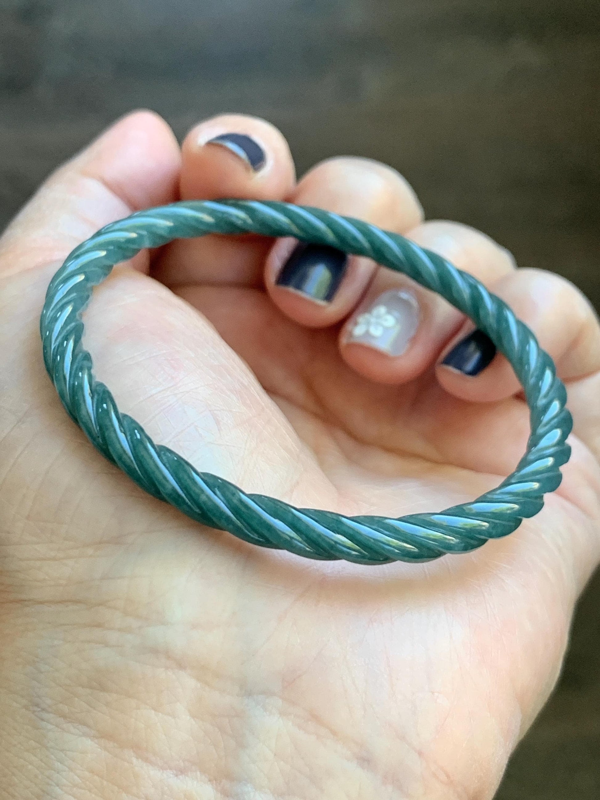Certified Natural Grade A Guatemalan Icy Translucent Dark Teal Blue Jade Jadeite Carved Braid Bangle 54.9mm 6.78” 天然冰危深蓝绿翡翠细麻花手镯 477