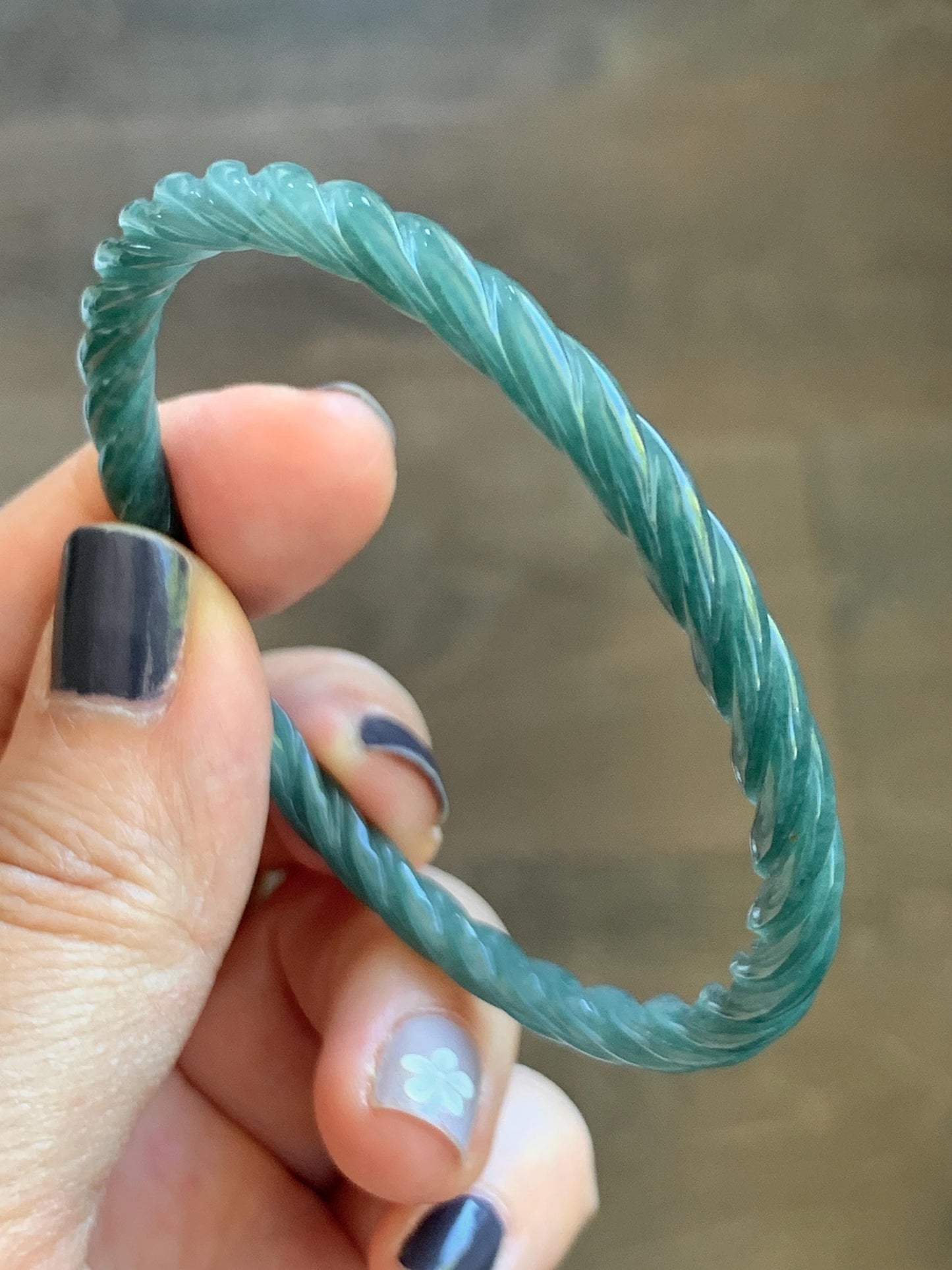 Certified Natural Grade A Guatemalan Icy Translucent Dark Teal Blue Jade Jadeite Carved Braid Bangle 54.9mm 6.78” 天然冰危深蓝绿翡翠细麻花手镯 477