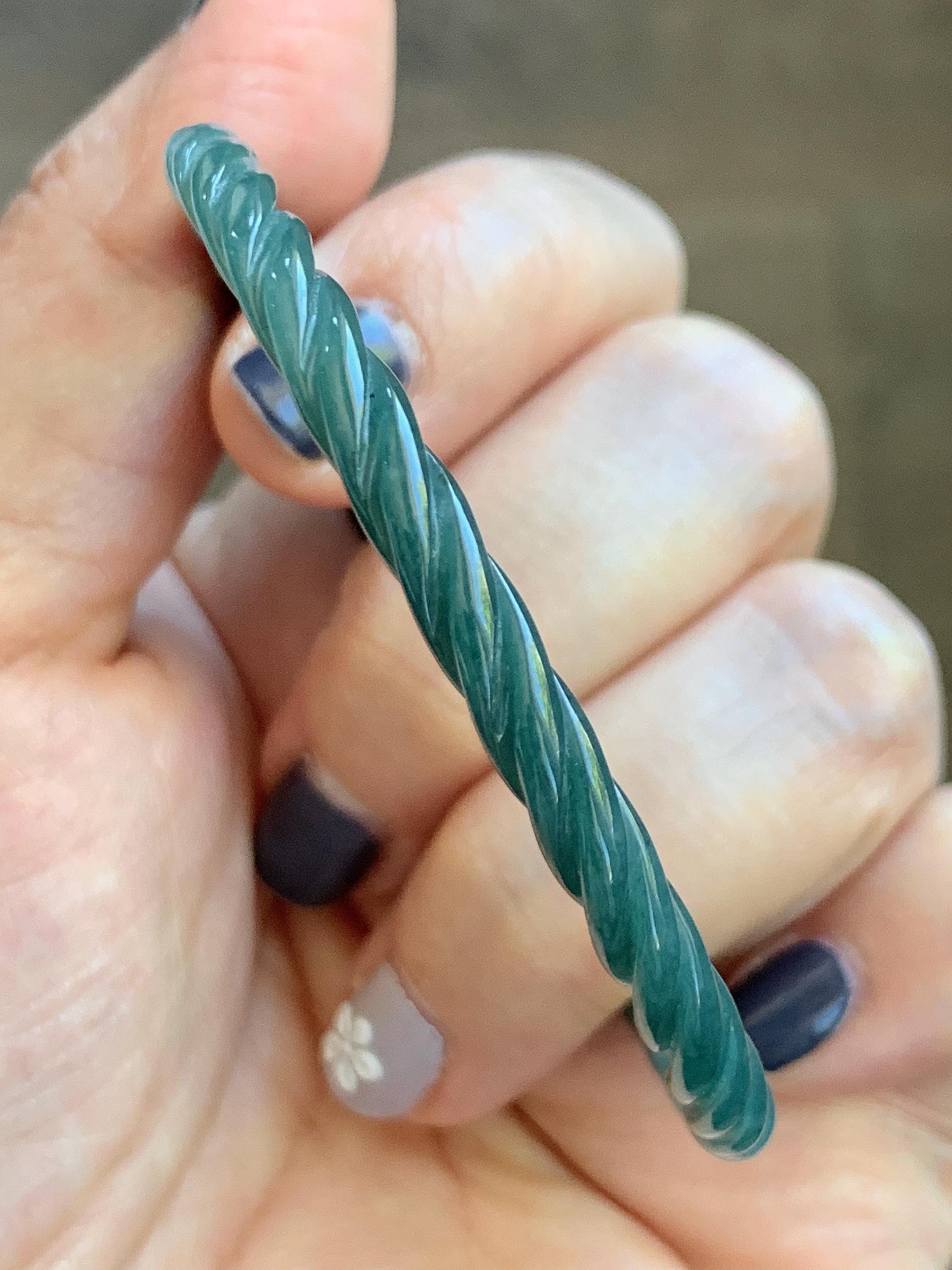 Certified Natural Grade A Guatemalan Icy Translucent Dark Teal Blue Jade Jadeite Carved Braid Bangle 54.9mm 6.78” 天然冰危深蓝绿翡翠细麻花手镯 477