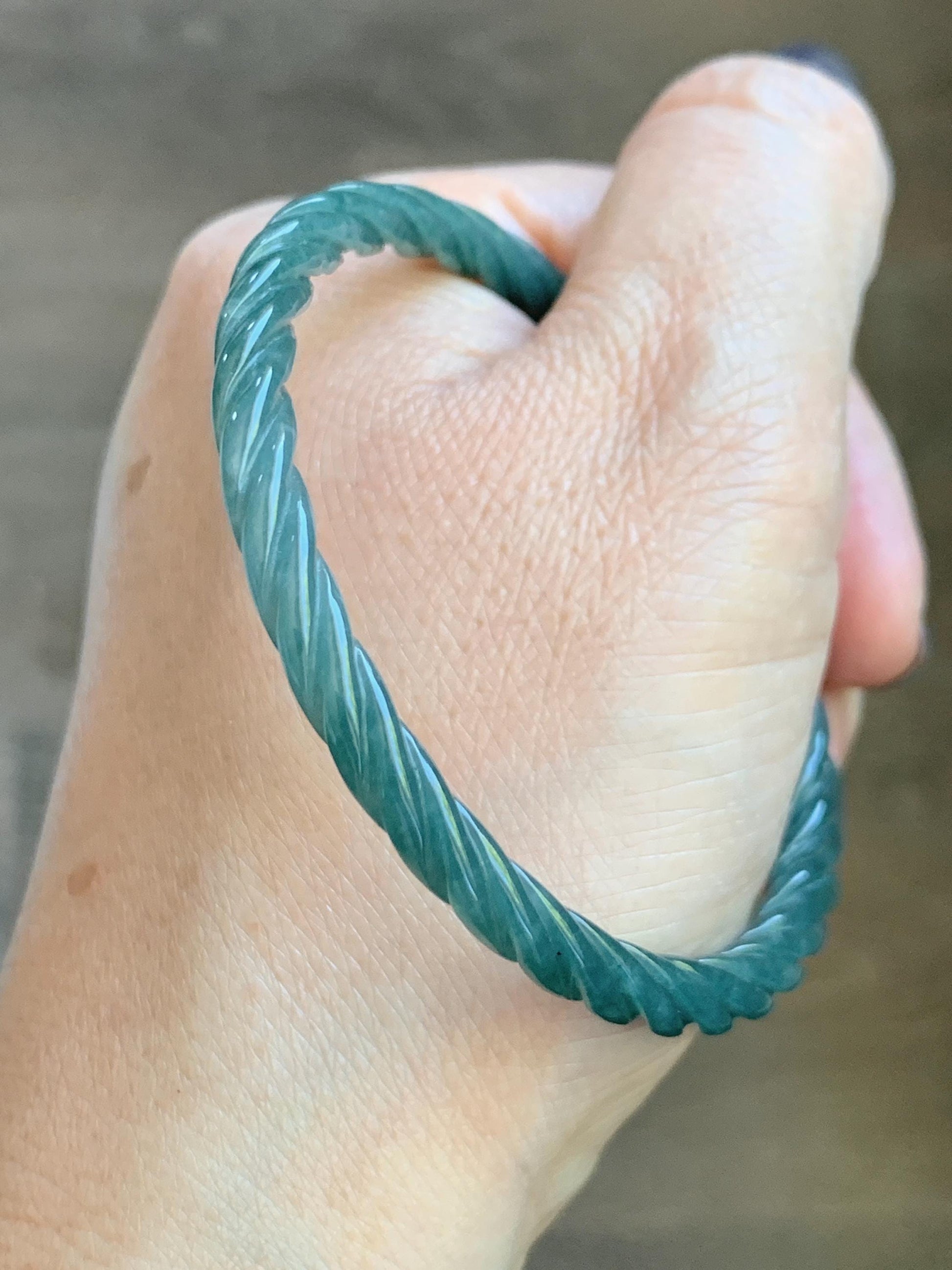 Certified Natural Grade A Guatemalan Icy Translucent Dark Teal Blue Jade Jadeite Carved Braid Bangle 54.9mm 6.78” 天然冰危深蓝绿翡翠细麻花手镯 477