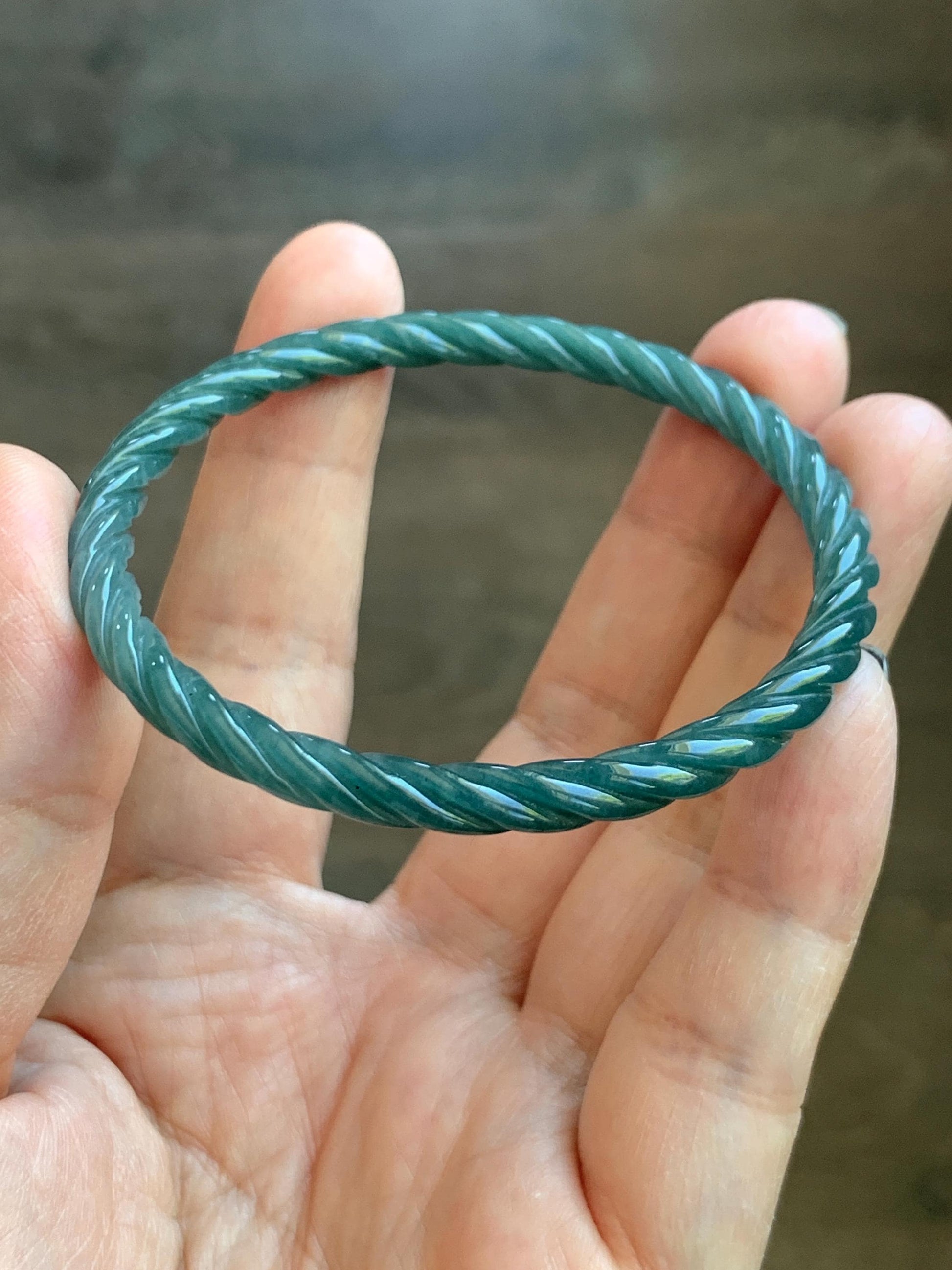 Certified Natural Grade A Guatemalan Icy Translucent Dark Teal Blue Jade Jadeite Carved Braid Bangle 54.9mm 6.78” 天然冰危深蓝绿翡翠细麻花手镯 477