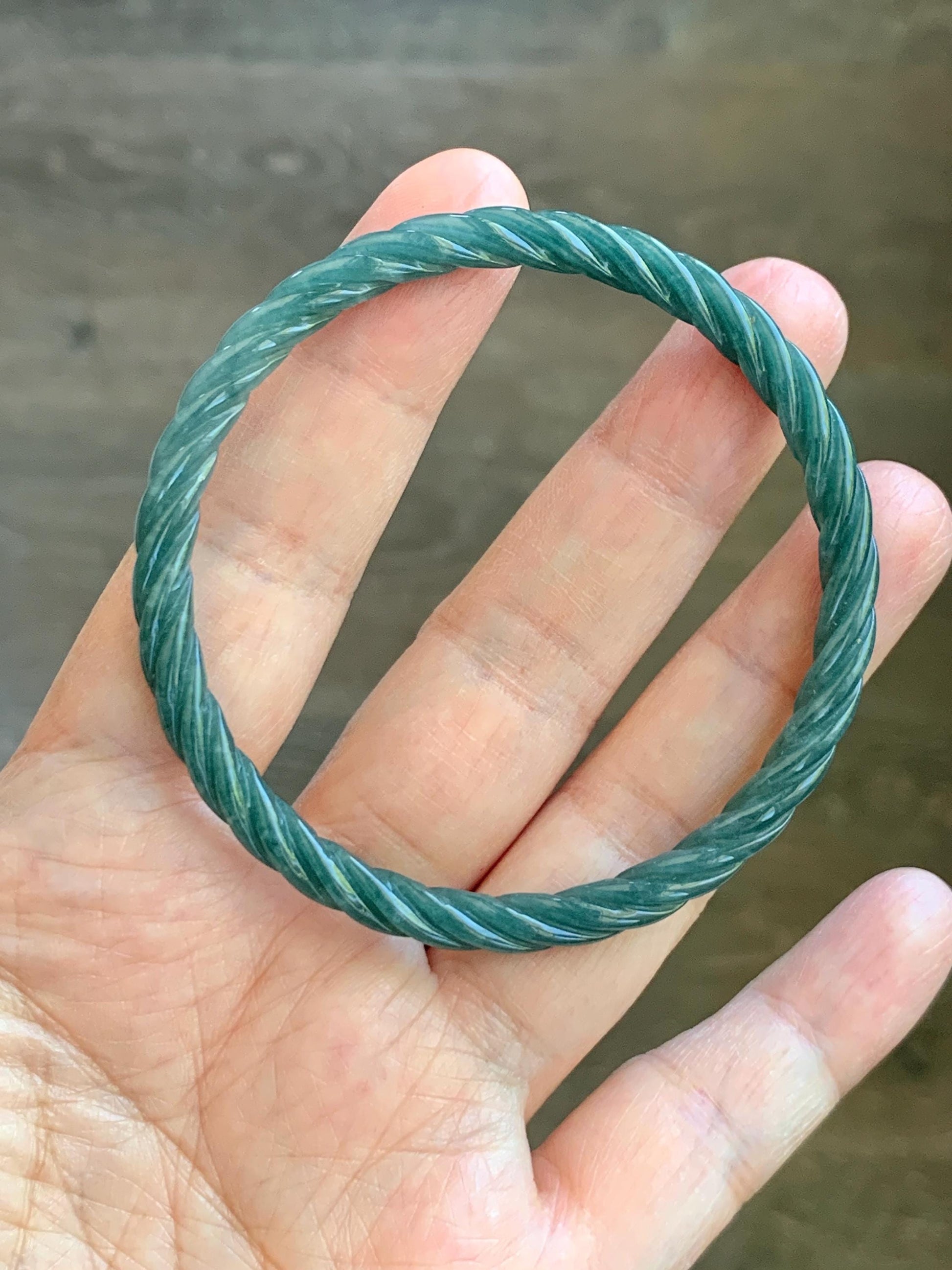 Certified Natural Grade A Guatemalan Icy Translucent Dark Teal Blue Jade Jadeite Carved Braid Bangle 54.9mm 6.78” 天然冰危深蓝绿翡翠细麻花手镯 477