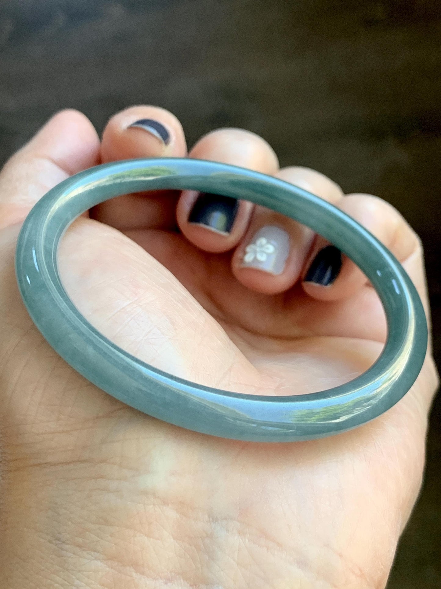 Certified Natural Grade A Guatemalan Icy Translucent Dark Dusty Teal Jade Jadeite Slim Bangle Bracelet 55mm 6.8” 天然冰危深蓝绿翡翠细圆条手镯 523