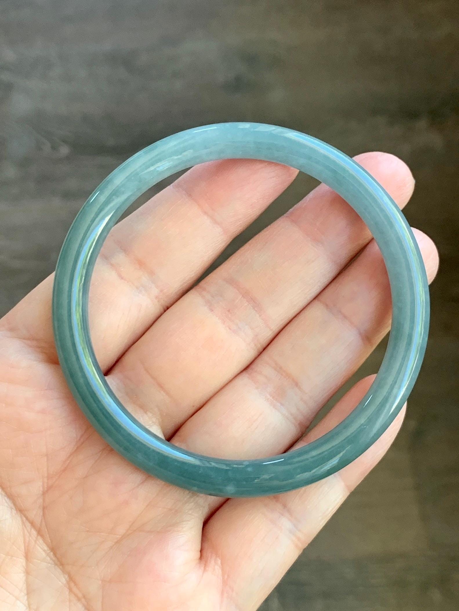 Certified Natural Grade A Guatemalan Icy Translucent Dark Dusty Teal Jade Jadeite Slim Bangle Bracelet 55mm 6.8” 天然冰危深蓝绿翡翠细圆条手镯 523