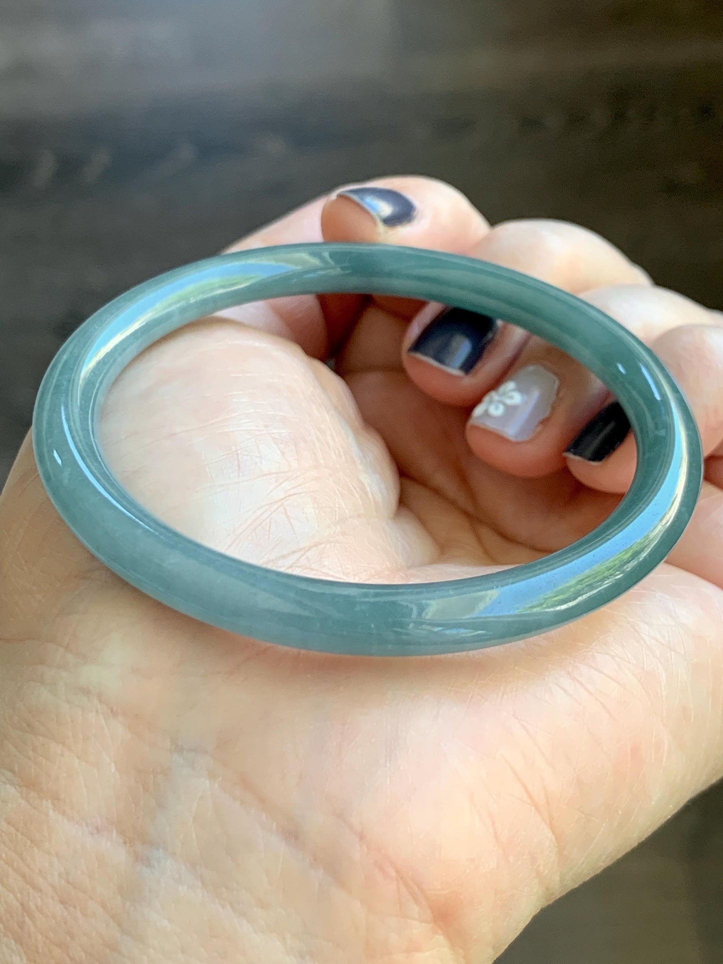 Certified Natural Grade A Guatemalan Icy Translucent Dark Dusty Teal Jade Jadeite Slim Bangle Bracelet 55mm 6.8” 天然冰危深蓝绿翡翠细圆条手镯 523