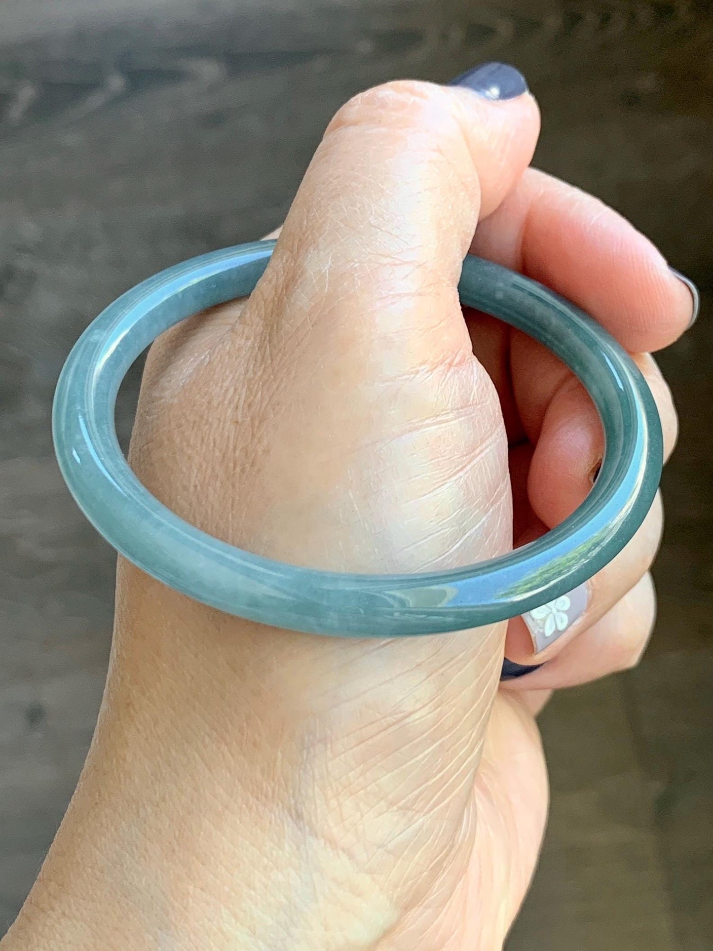 Certified Natural Grade A Guatemalan Icy Translucent Dark Dusty Teal Jade Jadeite Slim Bangle Bracelet 55mm 6.8” 天然冰危深蓝绿翡翠细圆条手镯 523