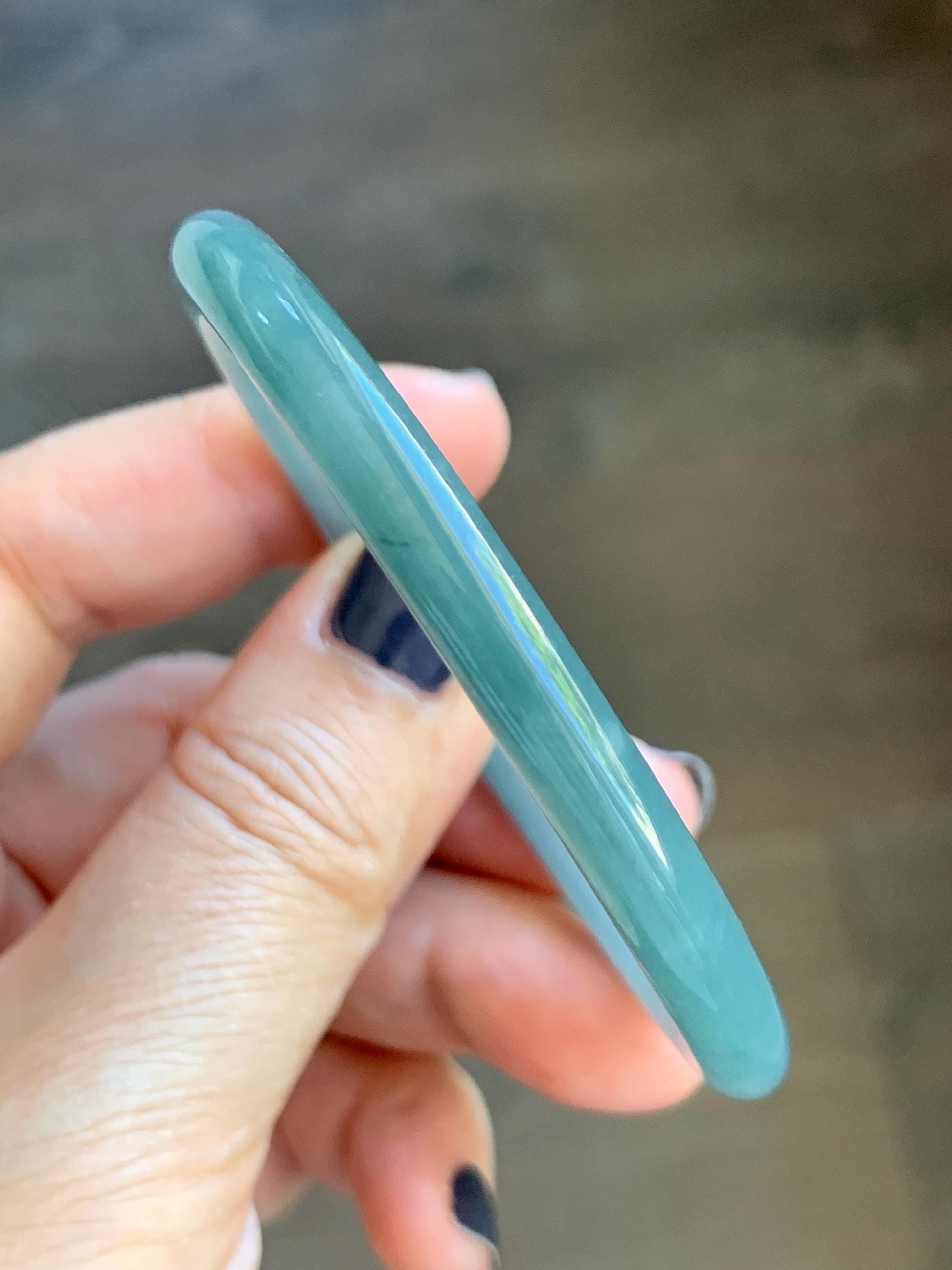 Certified Natural Grade A Guatemalan Icy Translucent Dark Dusty Teal Jade Jadeite Slim Bangle Bracelet 55mm 6.8” 天然冰危深蓝绿翡翠细圆条手镯 523