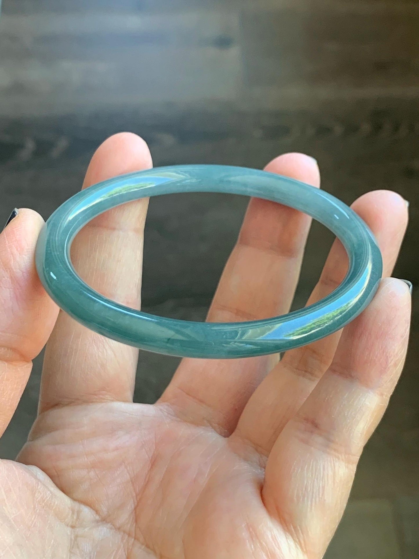Certified Natural Grade A Guatemalan Icy Translucent Dark Dusty Teal Jade Jadeite Slim Bangle Bracelet 55mm 6.8” 天然冰危深蓝绿翡翠细圆条手镯 523