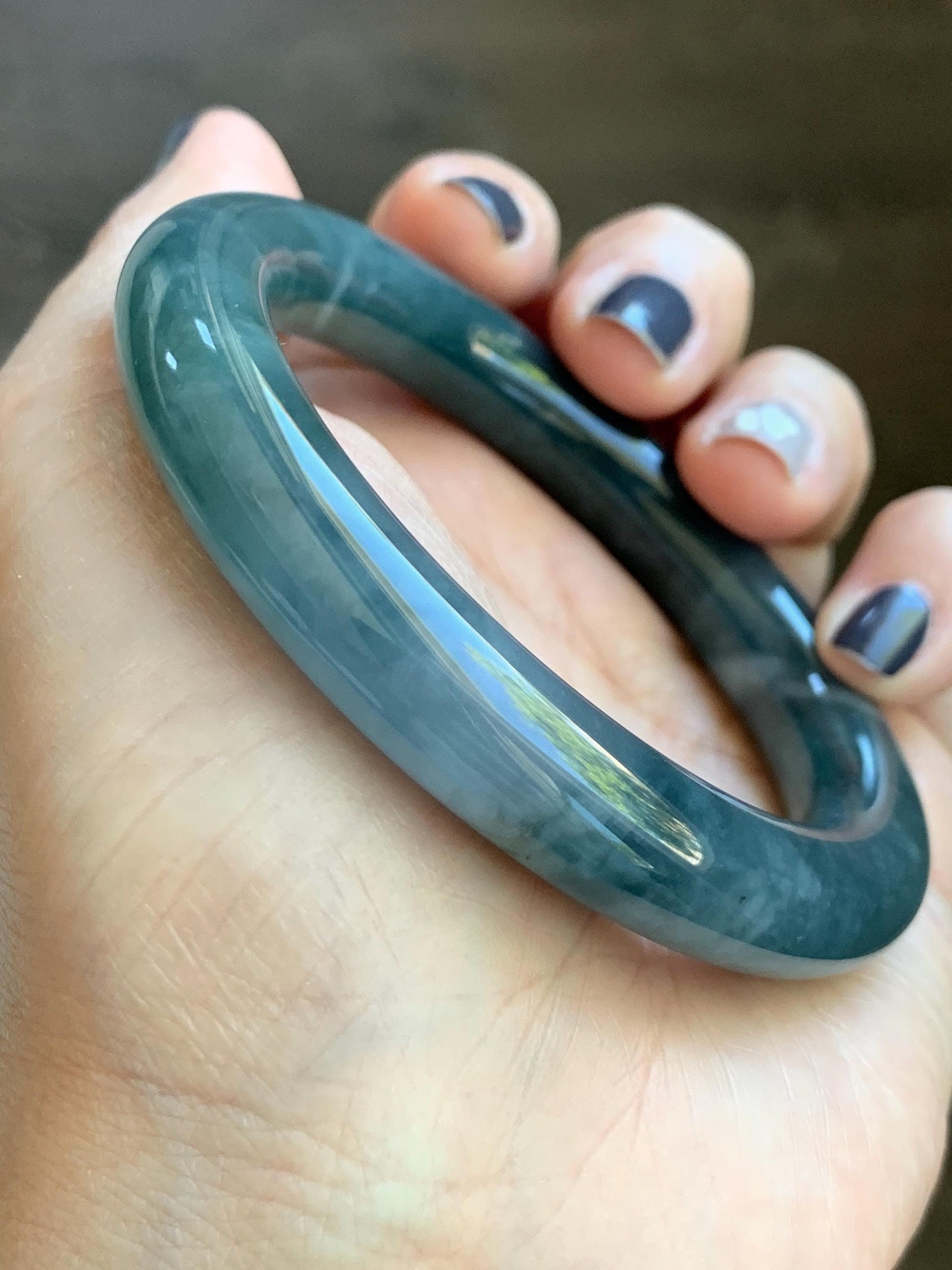 Certified Natural Grade A Guatemalan Icy Translucent Dark Dusty Blueberry Blue Jade Jadeite Wide Bangle 56.1mm 6.94” 天然冰危深蓝莓紫翡翠粗圆条手镯 498