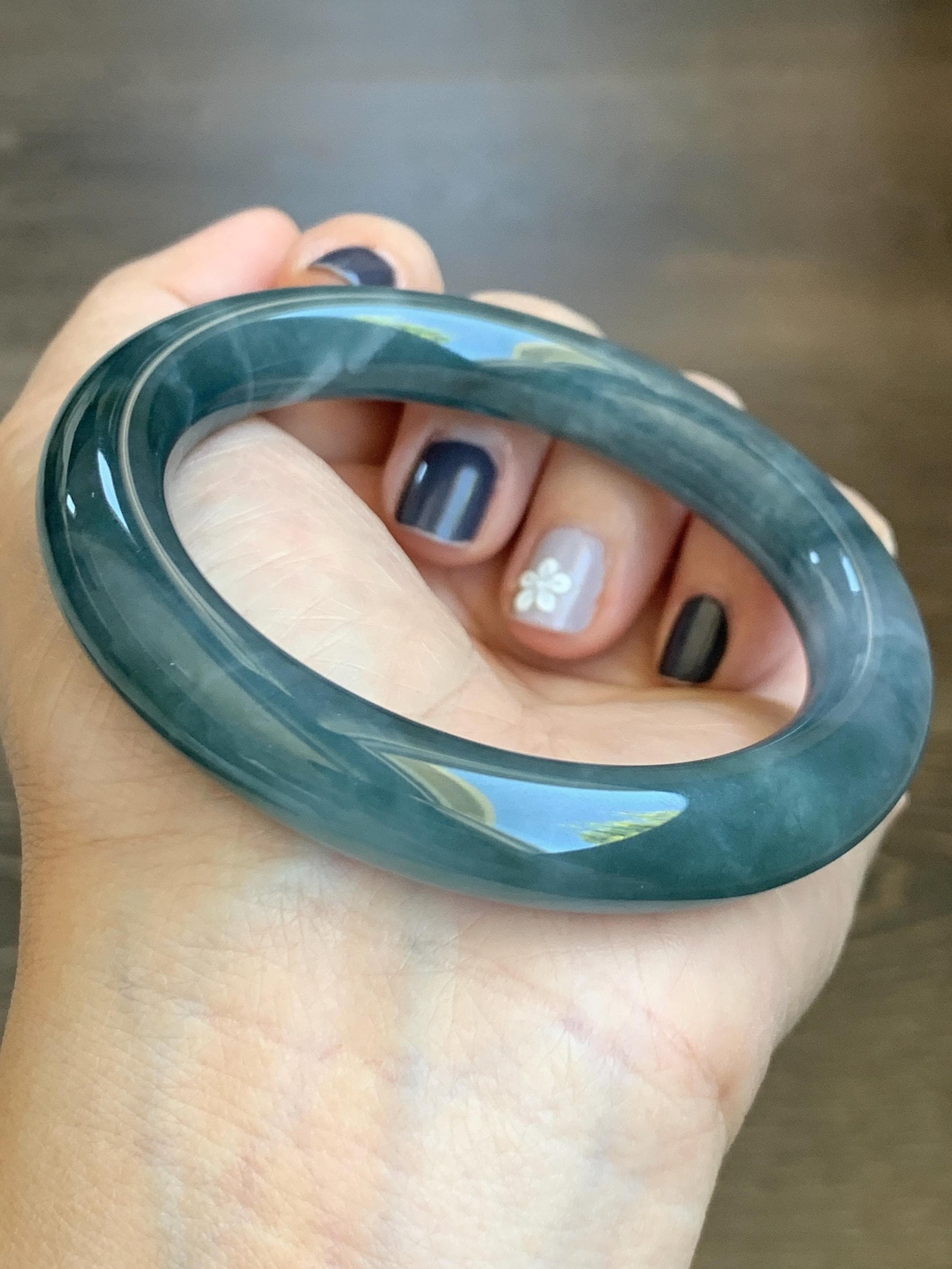 Certified Natural Grade A Guatemalan Icy Translucent Dark Dusty Blueberry Blue Jade Jadeite Wide Bangle 56.1mm 6.94” 天然冰危深蓝莓紫翡翠粗圆条手镯 498