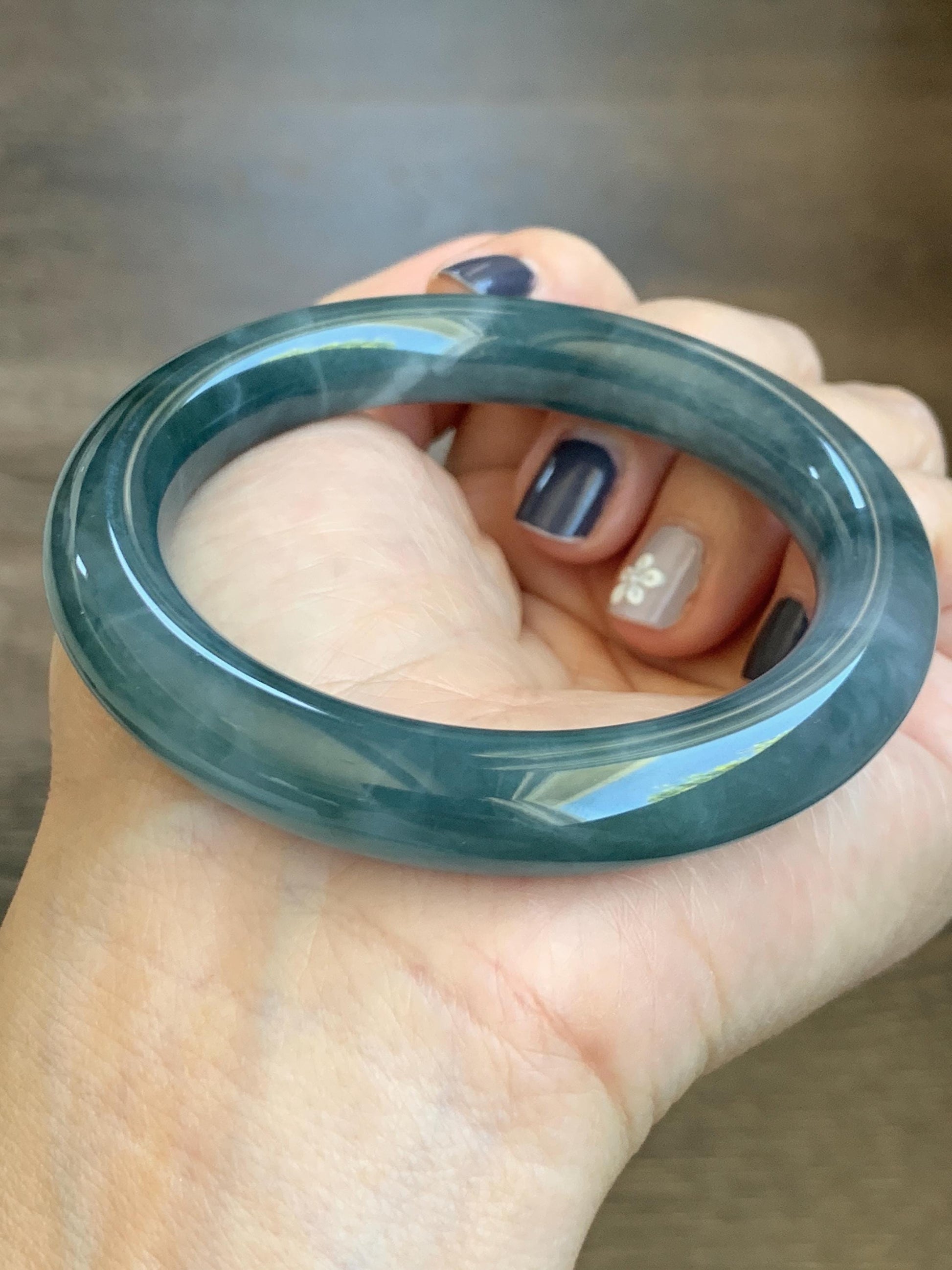 Certified Natural Grade A Guatemalan Icy Translucent Dark Dusty Blueberry Blue Jade Jadeite Wide Bangle 56.1mm 6.94” 天然冰危深蓝莓紫翡翠粗圆条手镯 498
