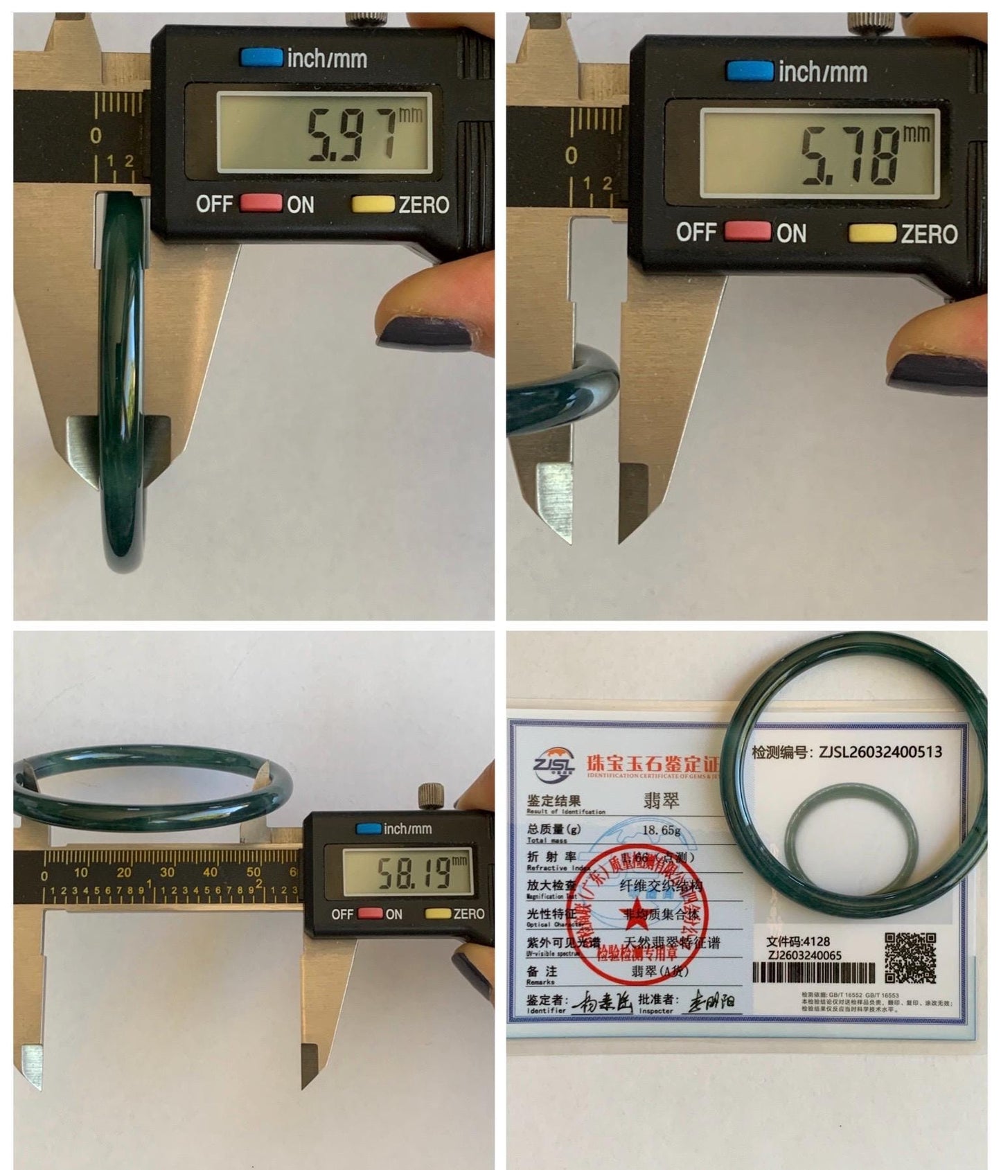 Certified Natural Grade A Guatemalan Icy Translucent Dark Teal Blue Marbled Jade Jadeite Slim Bangle 58.2mm 7.19” 天然冰胶危深蓝飘花翡翠细圆条手镯 513