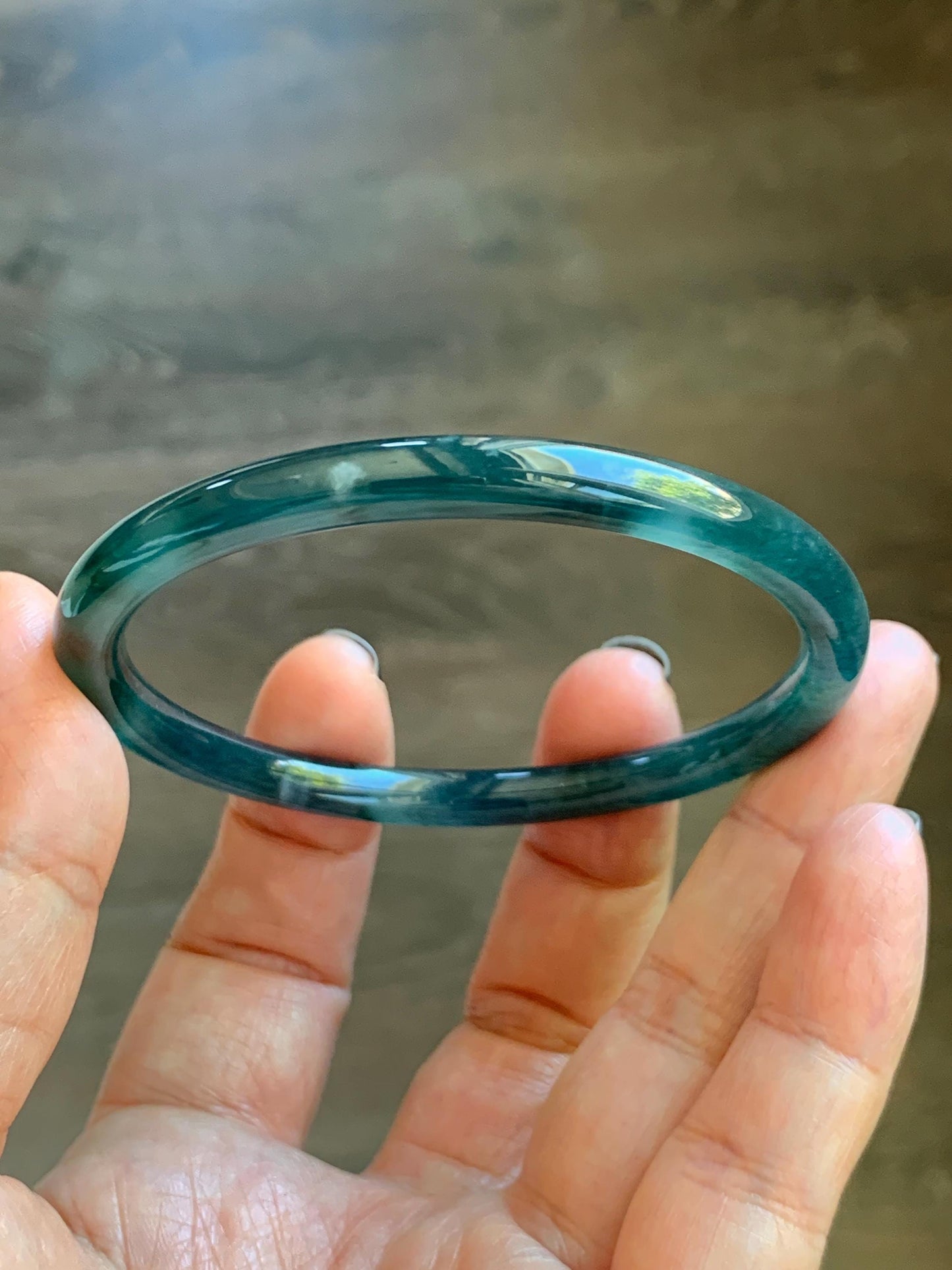 Certified Natural Grade A Guatemalan Icy Translucent Dark Teal Blue Marbled Jade Jadeite Slim Bangle 58.2mm 7.19” 天然冰胶危深蓝飘花翡翠细圆条手镯 513