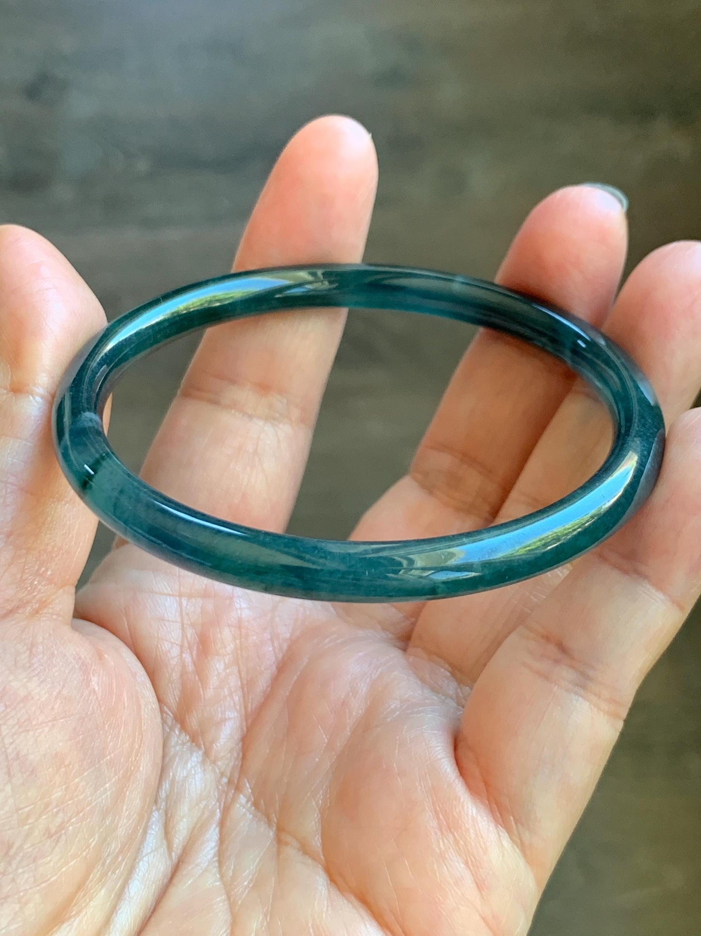 Certified Natural Grade A Guatemalan Icy Translucent Dark Teal Blue Marbled Jade Jadeite Slim Bangle 58.2mm 7.19” 天然冰胶危深蓝飘花翡翠细圆条手镯 513