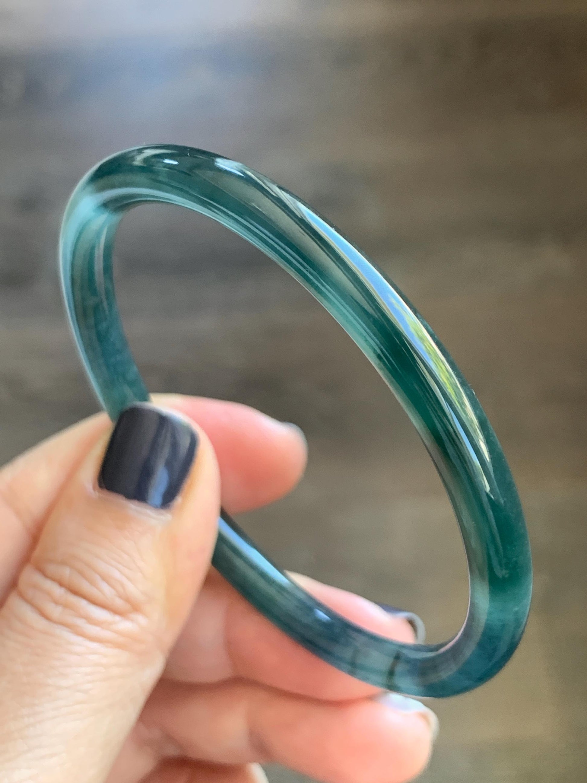 Certified Natural Grade A Guatemalan Icy Translucent Dark Teal Blue Marbled Jade Jadeite Slim Bangle 58.2mm 7.19” 天然冰胶危深蓝飘花翡翠细圆条手镯 513