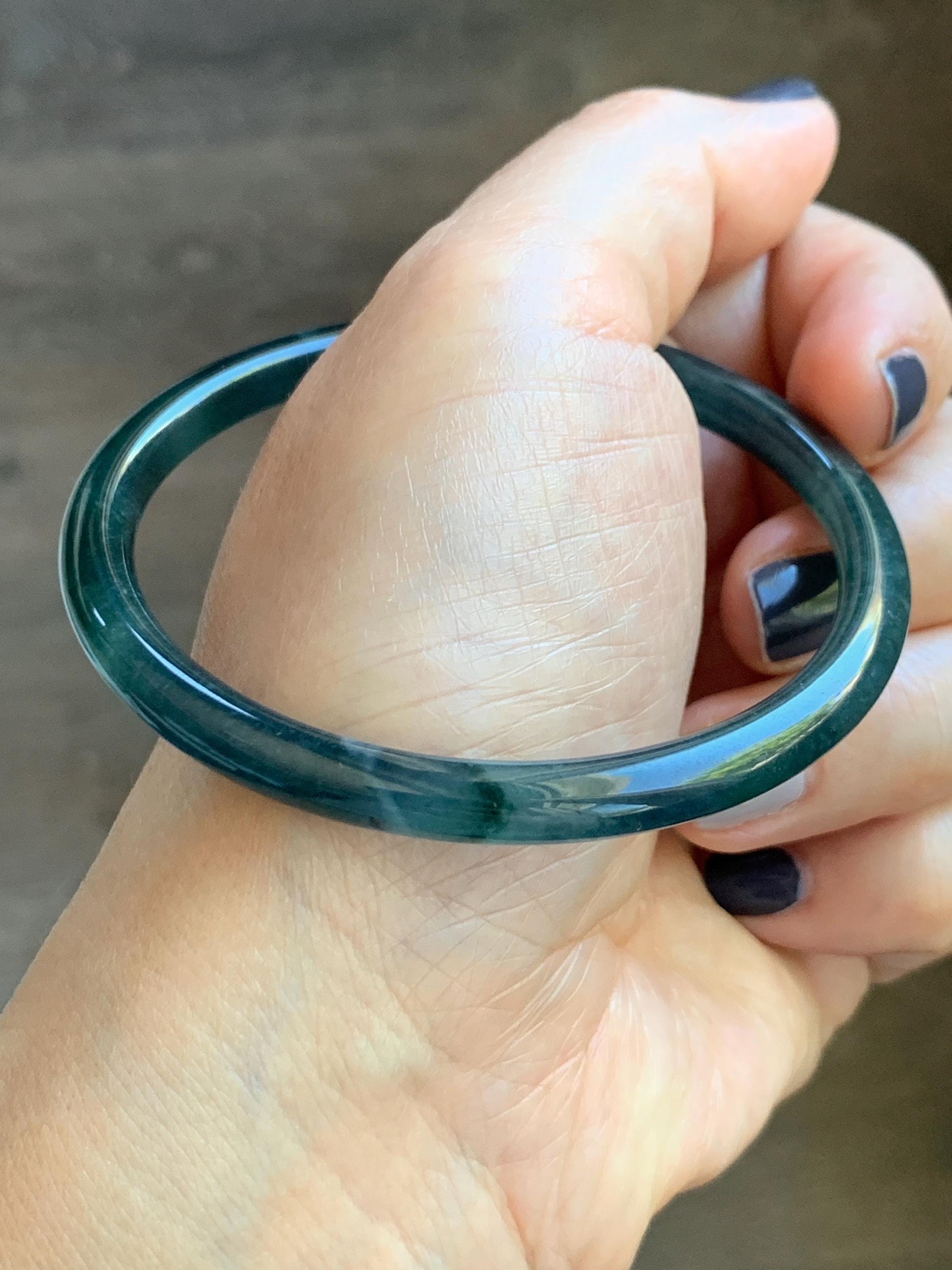 Certified Natural Grade A Guatemalan Icy Translucent Dark Teal Blue Marbled Jade Jadeite Slim Bangle 58.2mm 7.19” 天然冰胶危深蓝飘花翡翠细圆条手镯 513