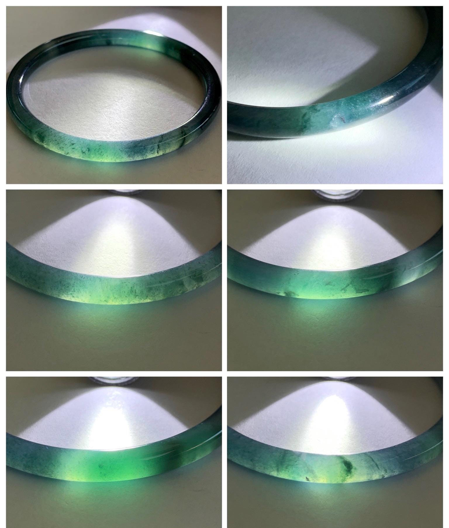 Certified Natural Grade A Guatemalan Icy Translucent Dark Teal Blue Marbled Jade Jadeite Slim Bangle 58.2mm 7.19” 天然冰胶危深蓝飘花翡翠细圆条手镯 513